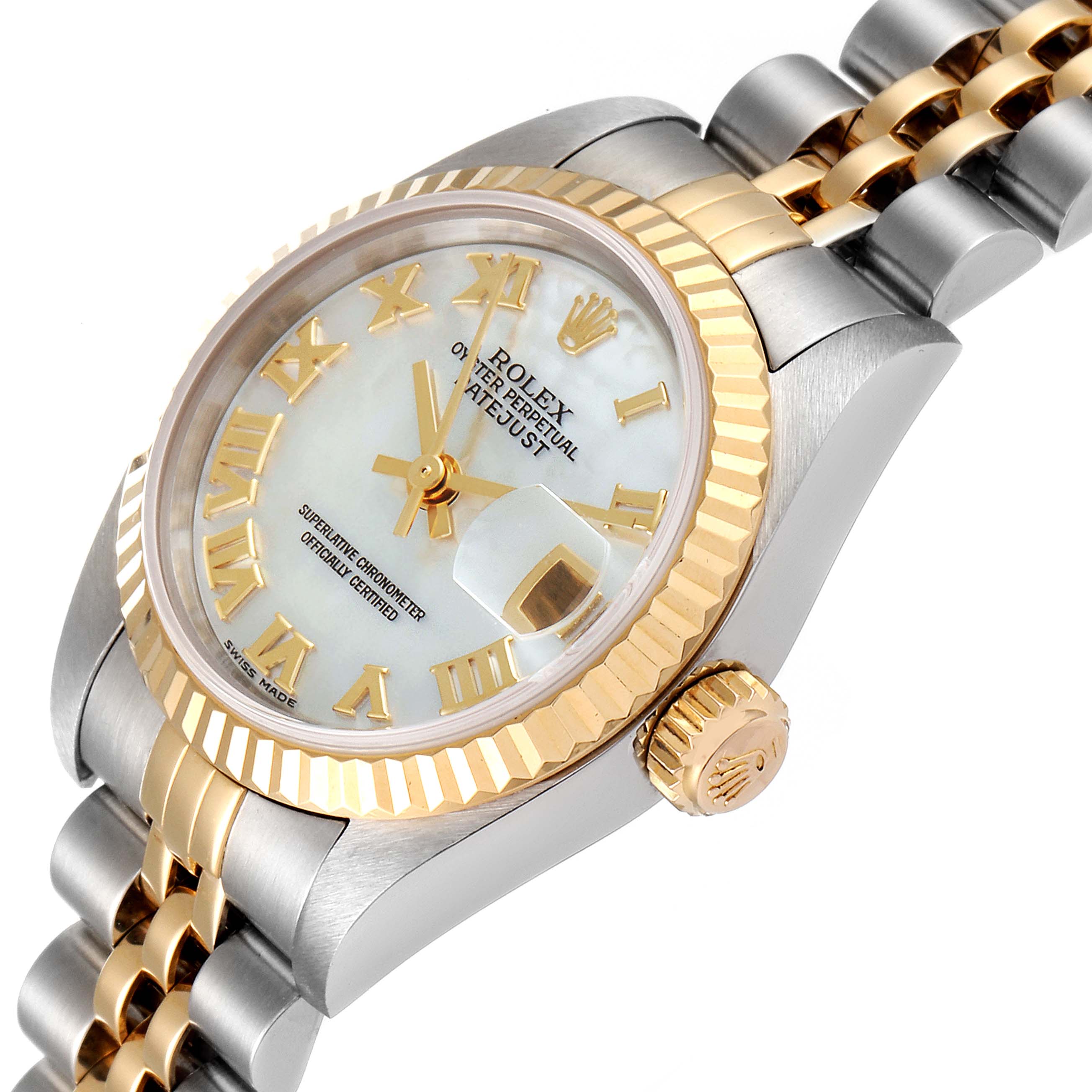 The Rolex Datejust 79173 Women's Steel and Gold (two tone) Mother of Pearl Dial 79173 Women's Steel and Gold (two tone) Mother of Pearl Dial watch is shown from a slight angle, highlighting the face, bezel, crown, and part of the bracelet.