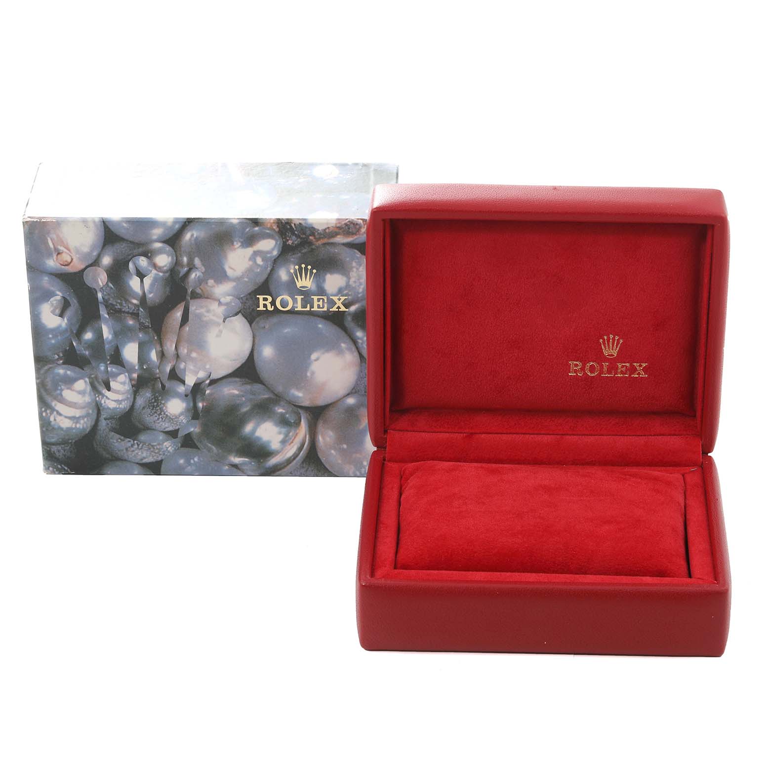 The image shows a Rolex Datejust 69173 Women's Steel and Gold (two tone) White Dial 69173 Women's Steel and Gold (two tone) White Dial watch box, featuring a closed outer box and an open red velvet inner box.