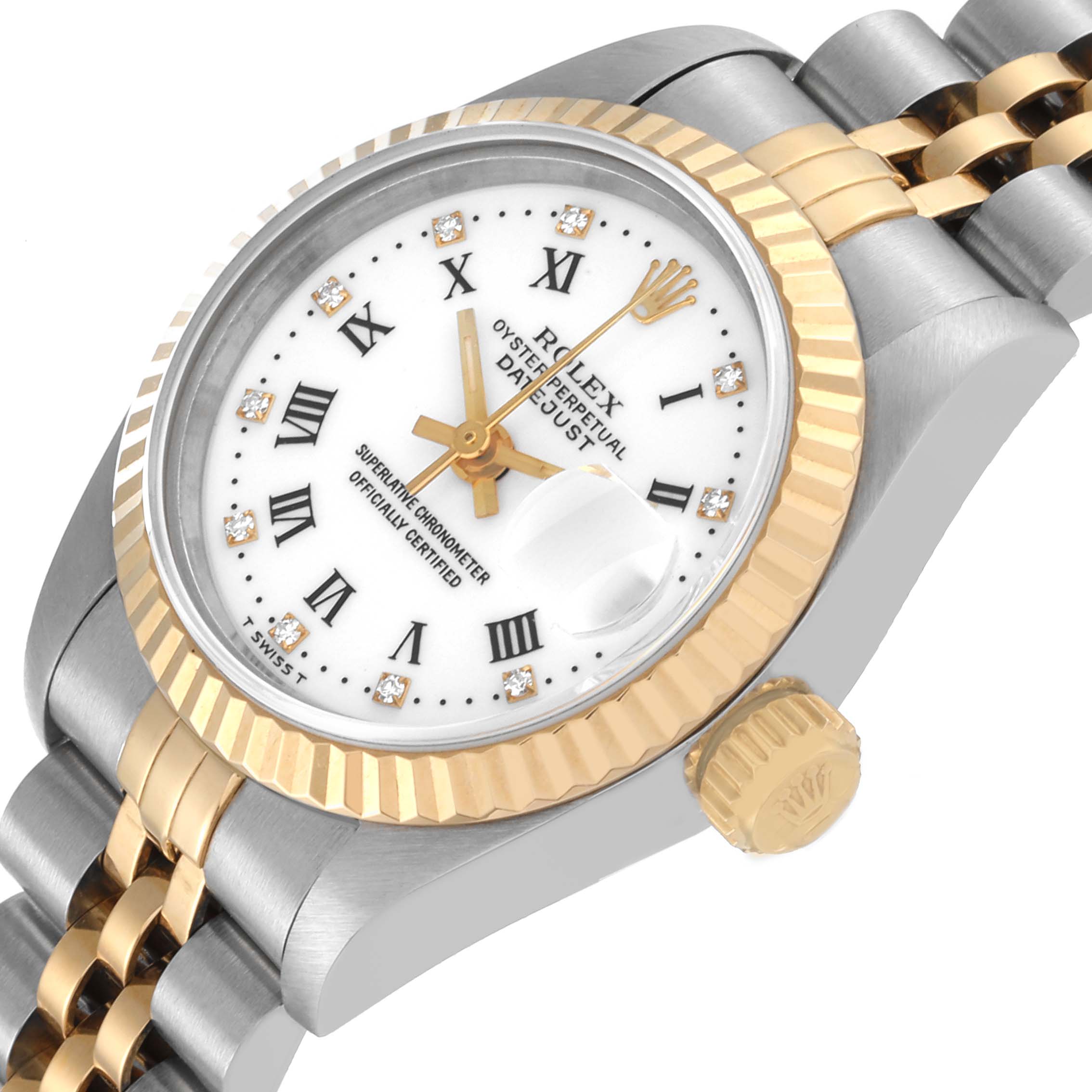This Rolex Datejust 69173 Women's Steel and Gold (two tone) White Dial 69173 Women's Steel and Gold (two tone) White Dial watch is shown at an angle showcasing the face, crown, bezel, and part of the bracelet.