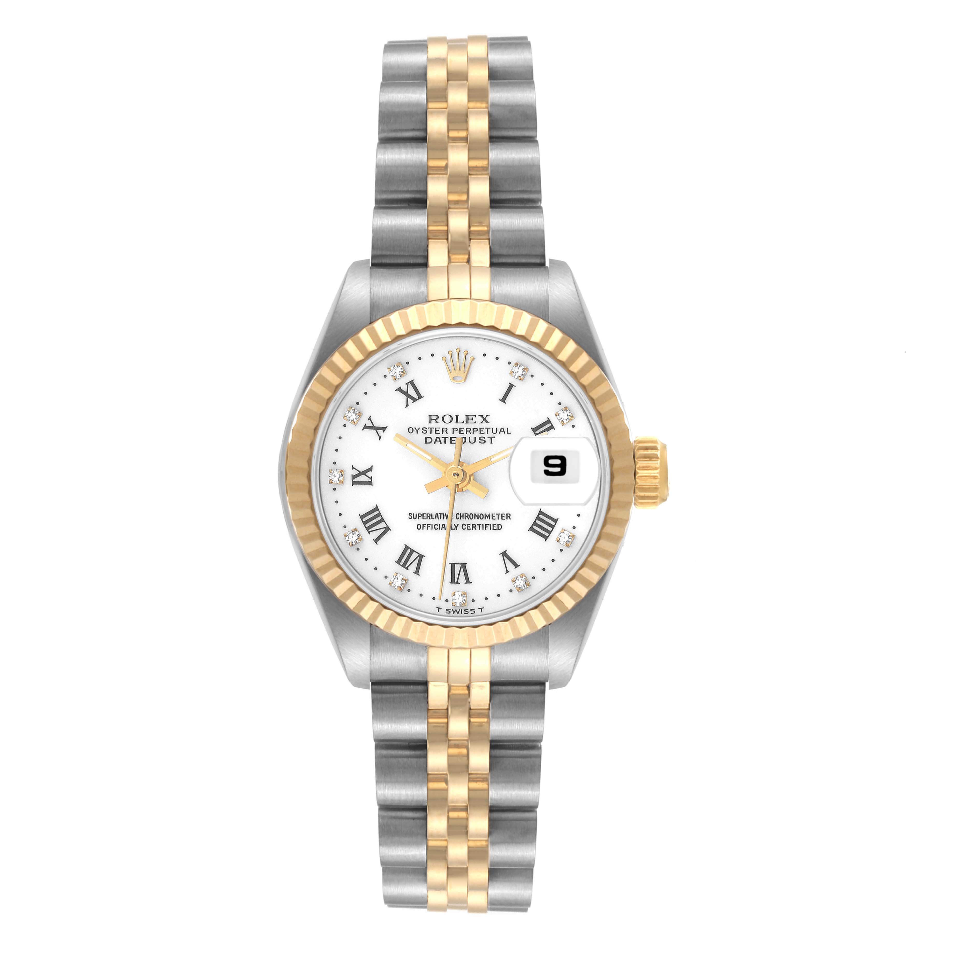 This image shows a Rolex Datejust 69173 Women's Steel and Gold (two tone) White Dial 69173 Women's Steel and Gold (two tone) White Dial watch from the front, displaying its dial, bezel, bracelet, and date window.