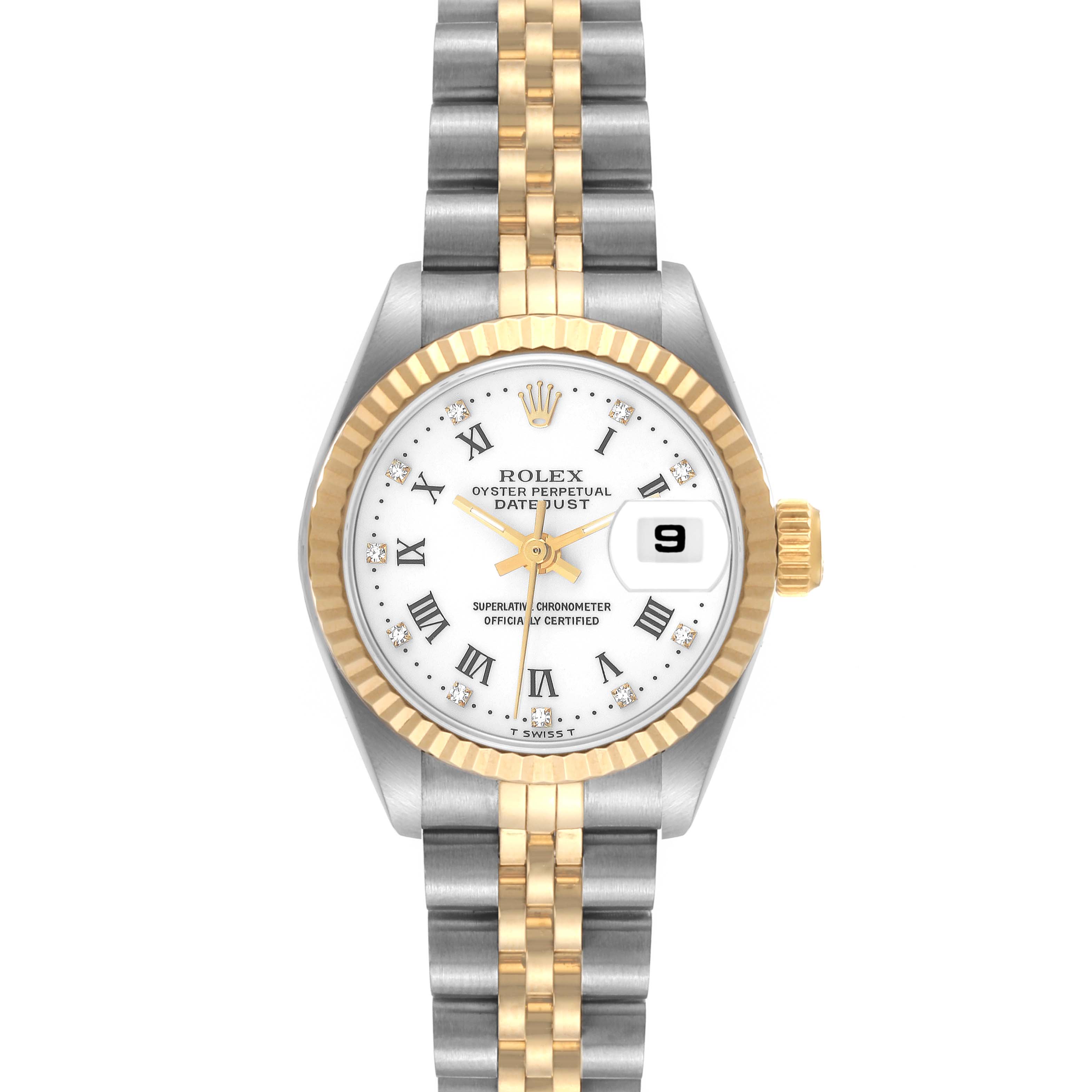 This image shows a front view of the Rolex Datejust 69173 Women's Steel and Gold (two tone) White Dial 69173 Women's Steel and Gold (two tone) White Dial, highlighting its face, bezel, and two-tone bracelet.