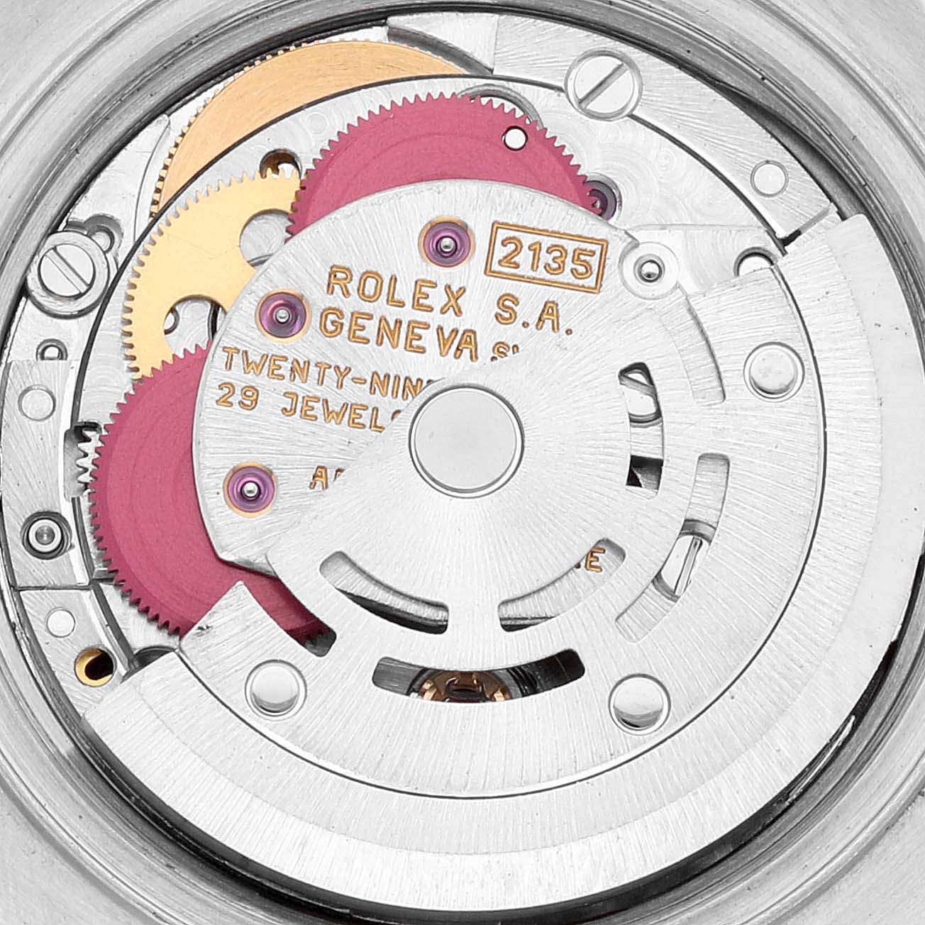This image shows the internal mechanism of the Rolex Datejust 69173 Women's Steel and Gold (two tone) White Dial 69173 Women's Steel and Gold (two tone) White Dial watch, featuring the automatic movement and gears.