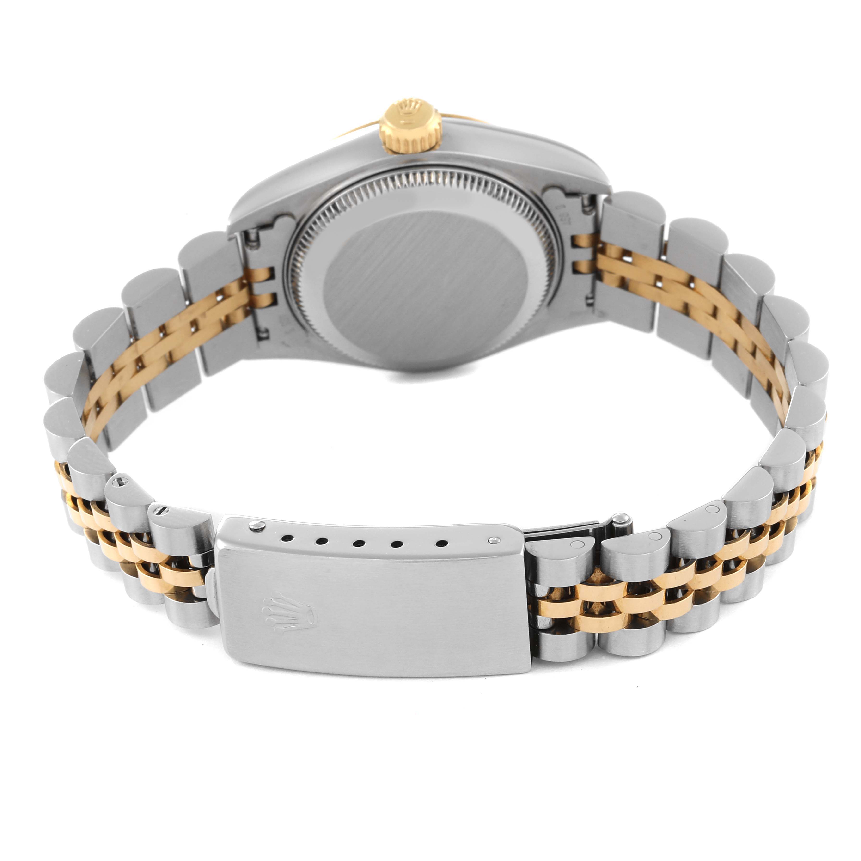 This image shows the back of a Rolex Datejust 69173 Women's Steel and Gold (two tone) White Dial 69173 Women's Steel and Gold (two tone) White Dial watch, highlighting its case back, two-tone bracelet, and clasp.