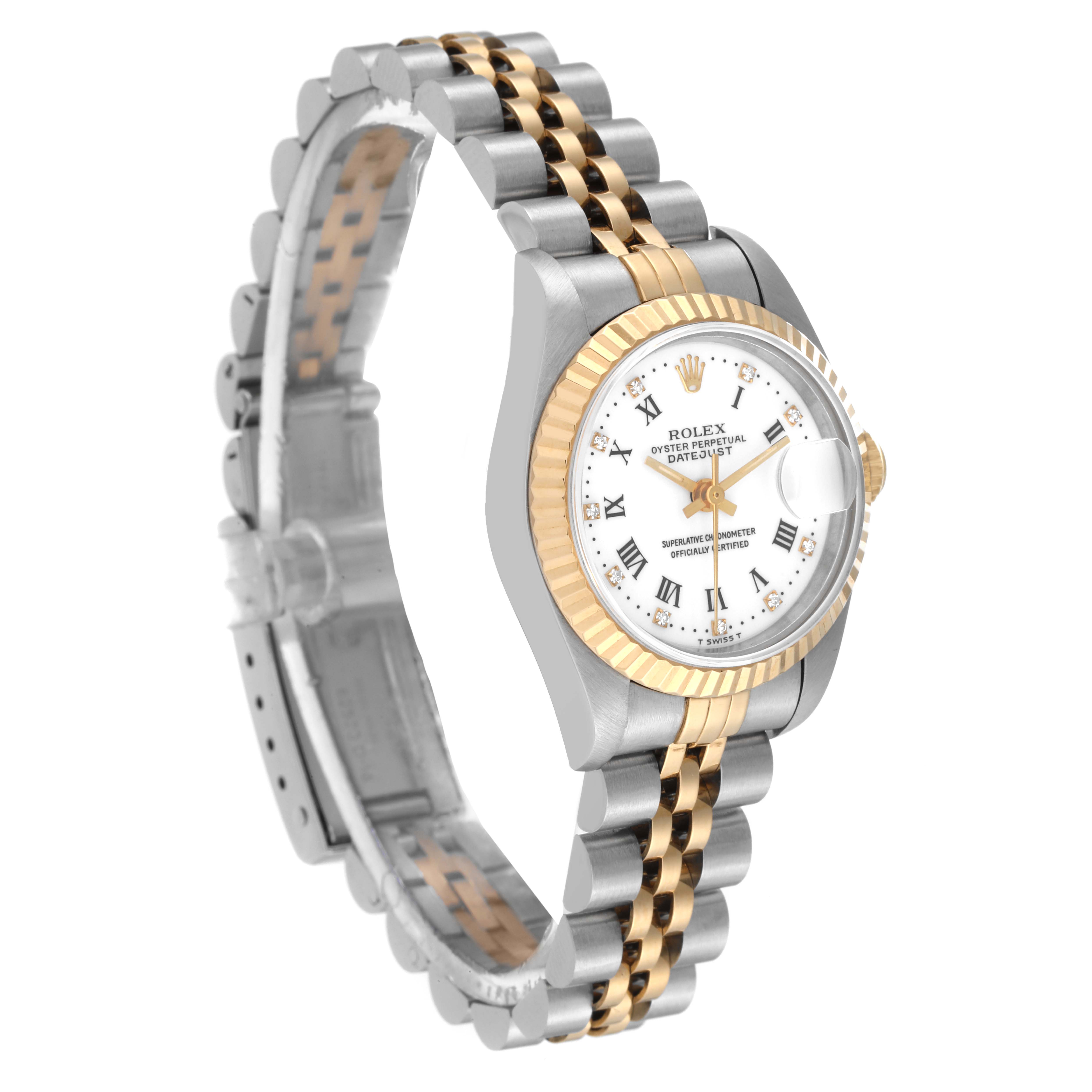 This Rolex Datejust 69173 Women's Steel and Gold (two tone) White Dial 69173 Women's Steel and Gold (two tone) White Dial watch is shown at a three-quarter angle, displaying the dial, bezel, and part of the bracelet.
