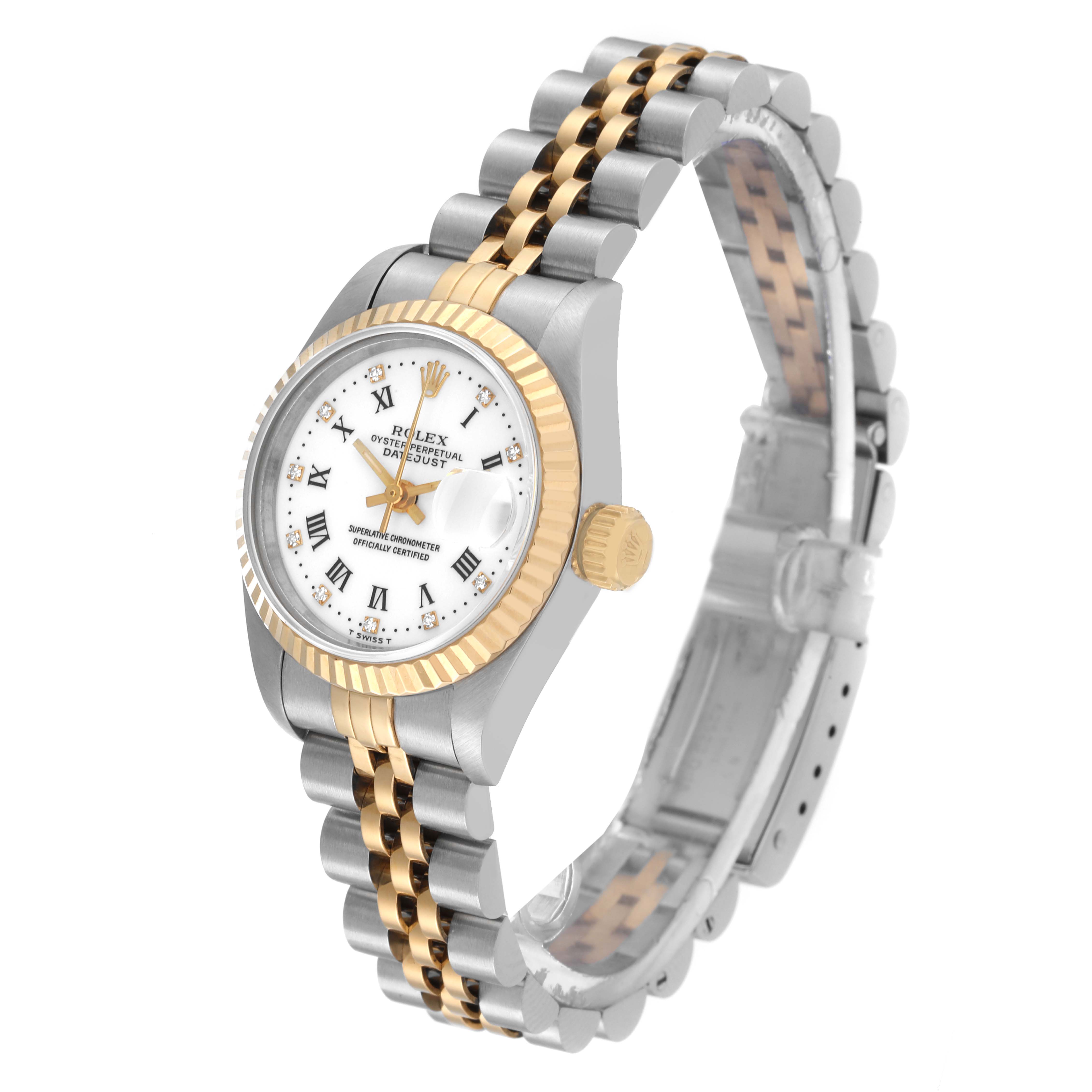 This image shows a Rolex Datejust 69173 Women's Steel and Gold (two tone) White Dial 69173 Women's Steel and Gold (two tone) White Dial watch at a three-quarter angle, displaying the face, bezel, and bracelet prominently.