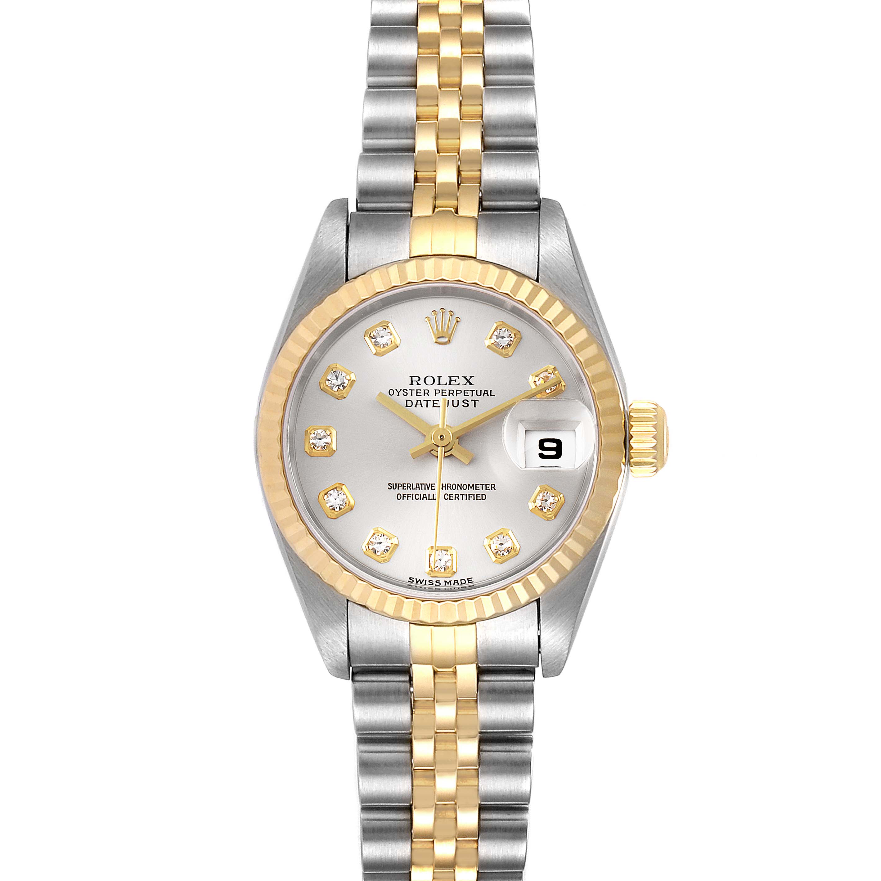 The image shows a front view of a Rolex Datejust 79173 Women
s Steel and Gold (two tone) Silver Dial 79173 Women
s Steel and Gold (two tone) Silver Dial watch, displaying its face, bezel, crown, and two-tone bracelet.