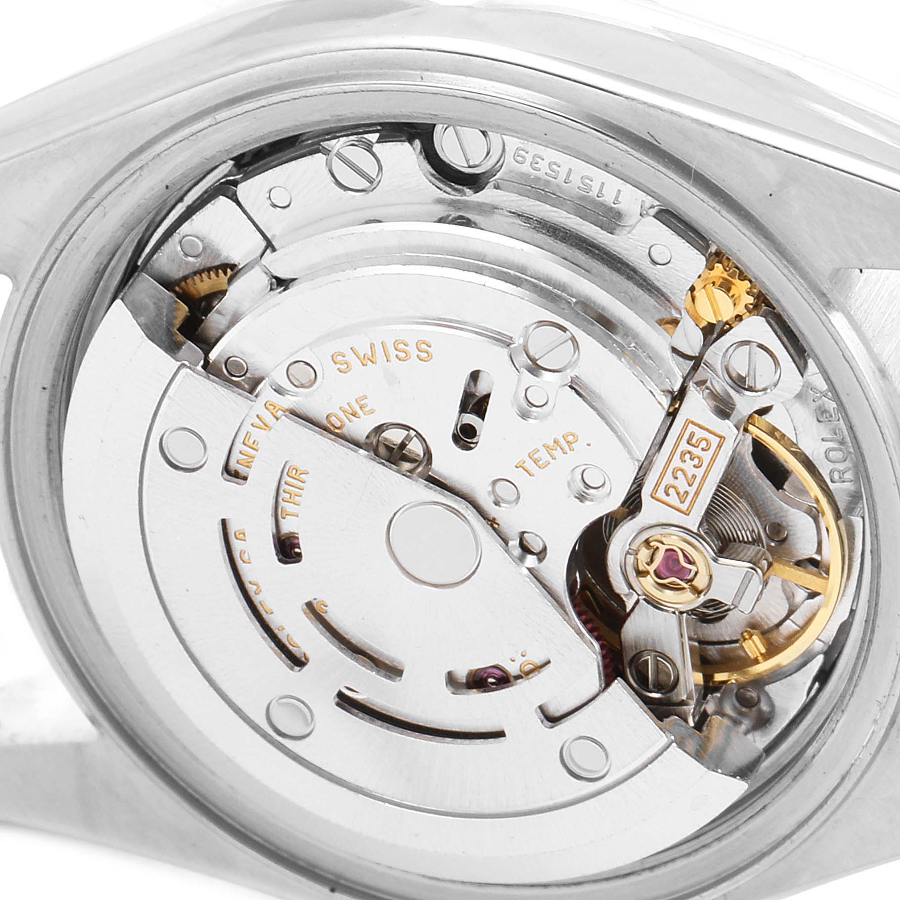 This image shows the movement and inner mechanism of a Rolex Datejust 79173 Women
s Steel and Gold (two tone) Silver Dial 79173 Women
s Steel and Gold (two tone) Silver Dial watch viewed from the back.