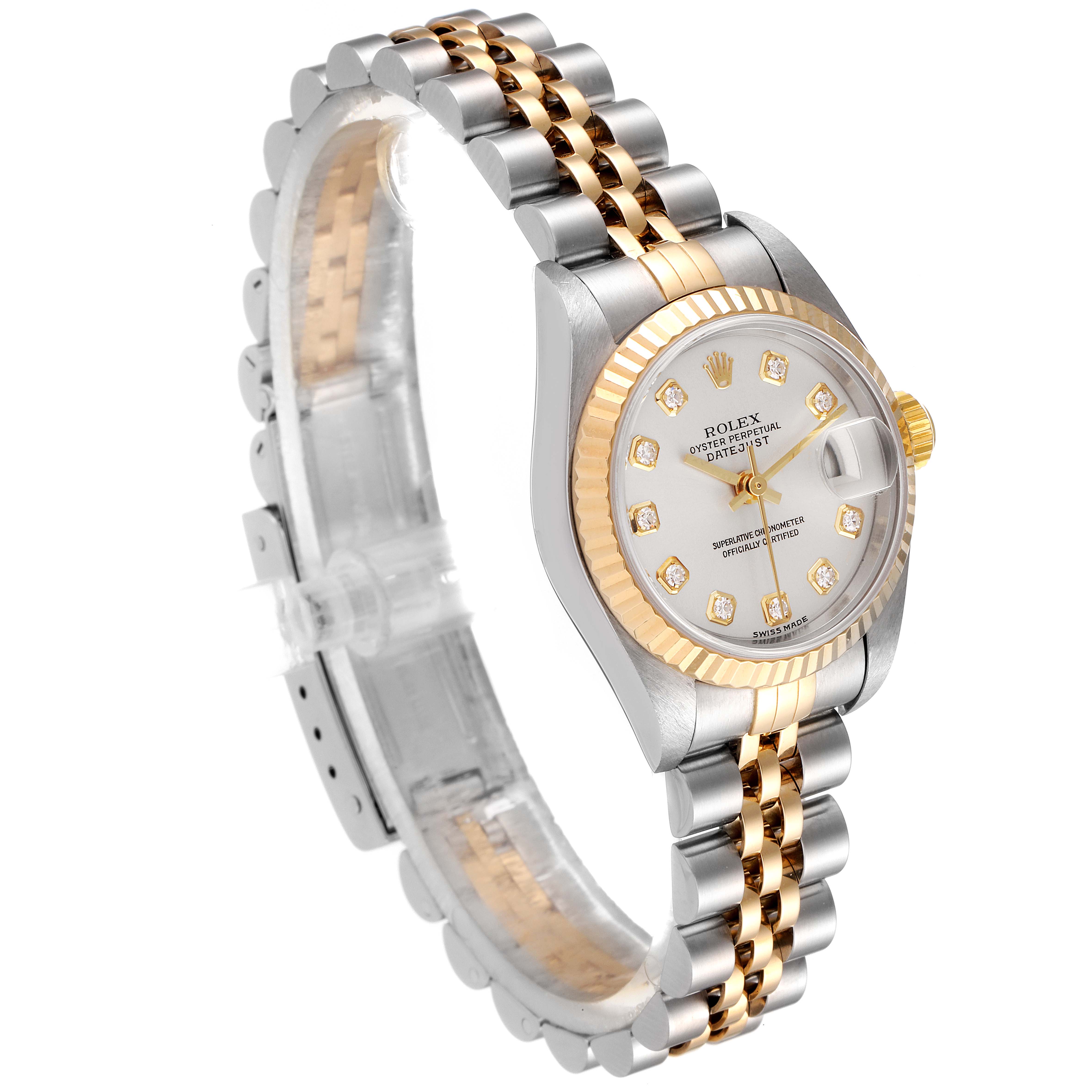 The image shows a side angle of a Rolex Datejust 79173 Women
s Steel and Gold (two tone) Silver Dial 79173 Women
s Steel and Gold (two tone) Silver Dial watch, highlighting its two-tone bracelet, fluted bezel, and diamond hour markers.