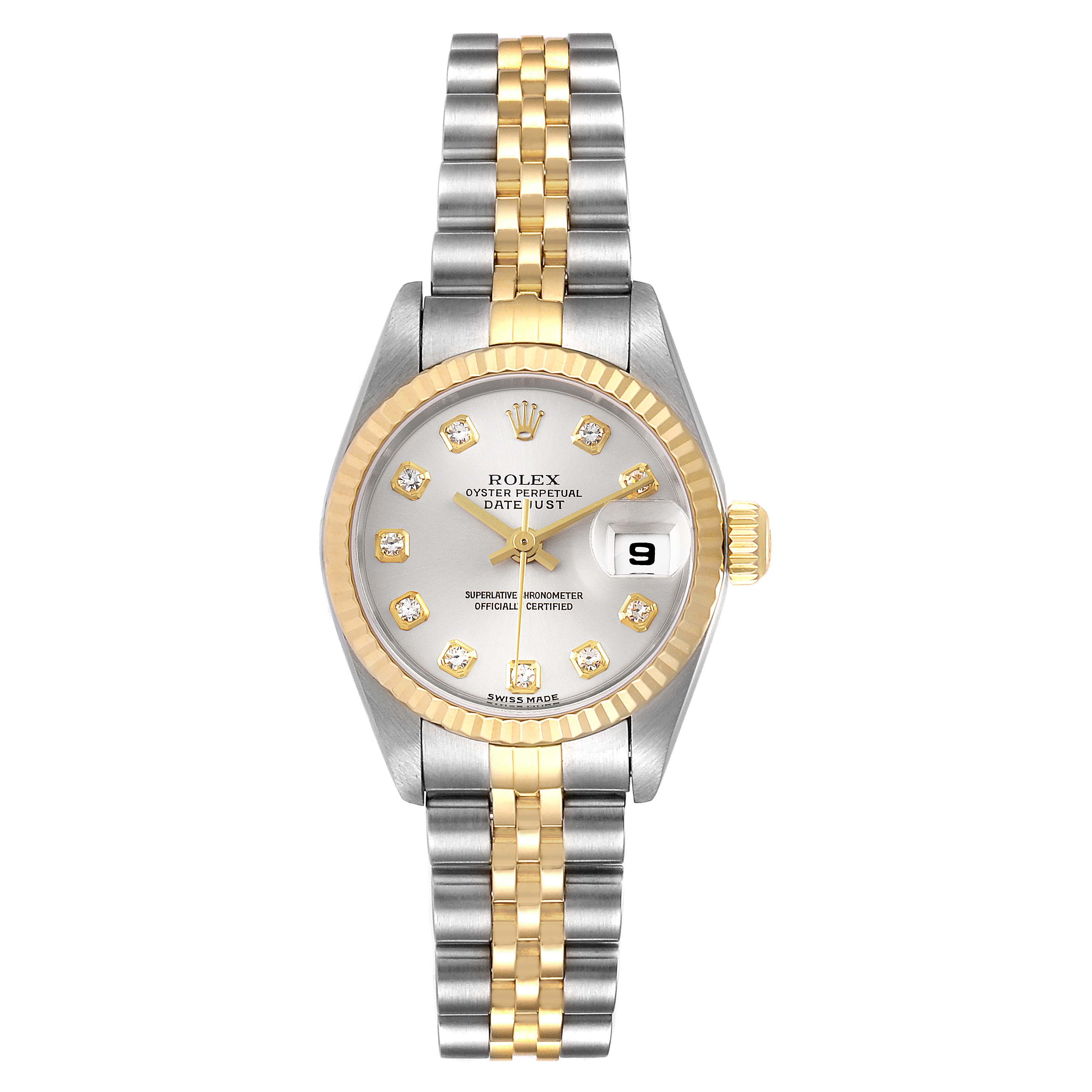 The image shows a Rolex Datejust 79173 Women
s Steel and Gold (two tone) Silver Dial 79173 Women
s Steel and Gold (two tone) Silver Dial watch with a stainless steel and gold Jubilee bracelet, viewed from a top-down angle.