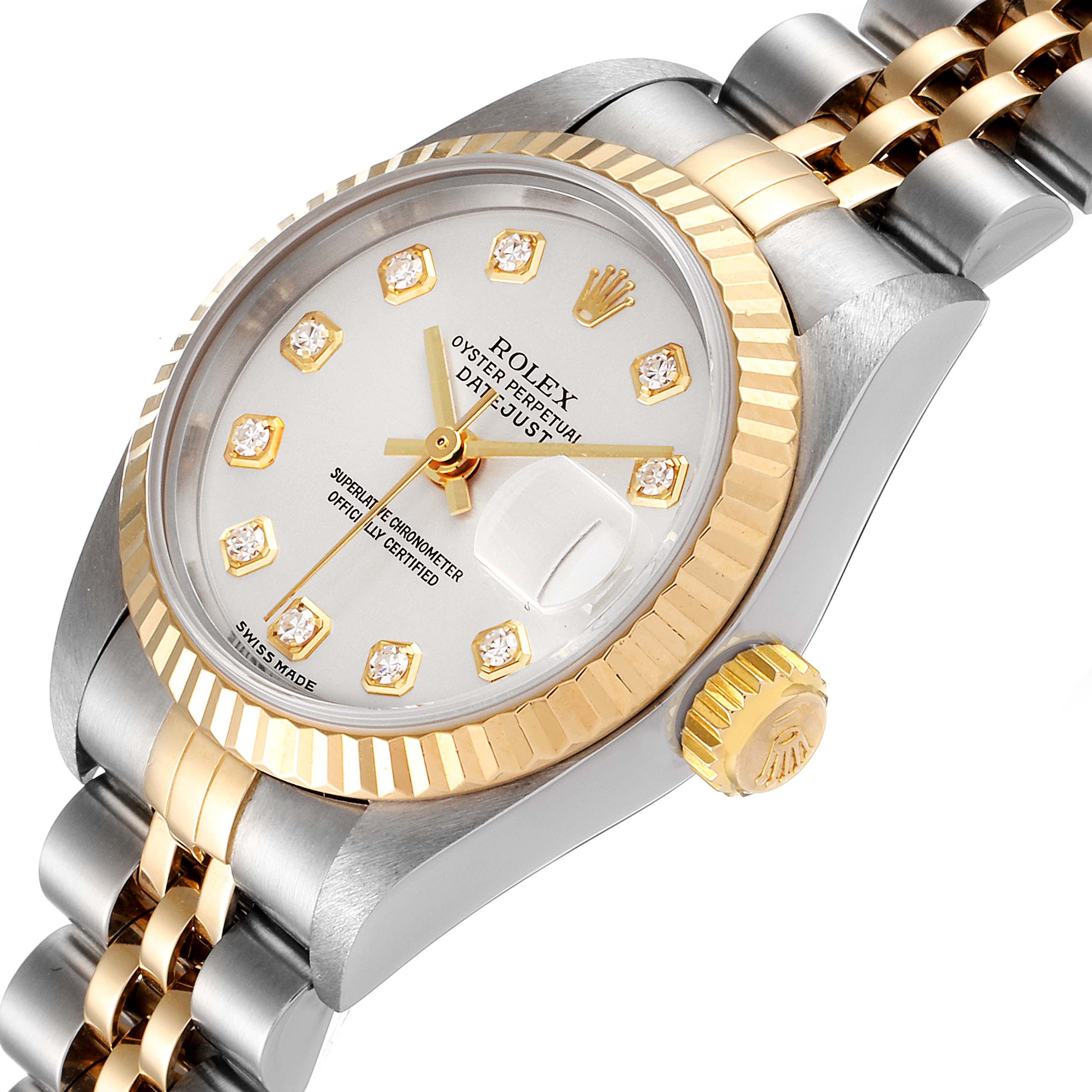 This image shows a Rolex Datejust 79173 Women
s Steel and Gold (two tone) Silver Dial 79173 Women
s Steel and Gold (two tone) Silver Dial watch from an angled close-up, highlighting its dial, bezel, crown, and part of the bracelet.