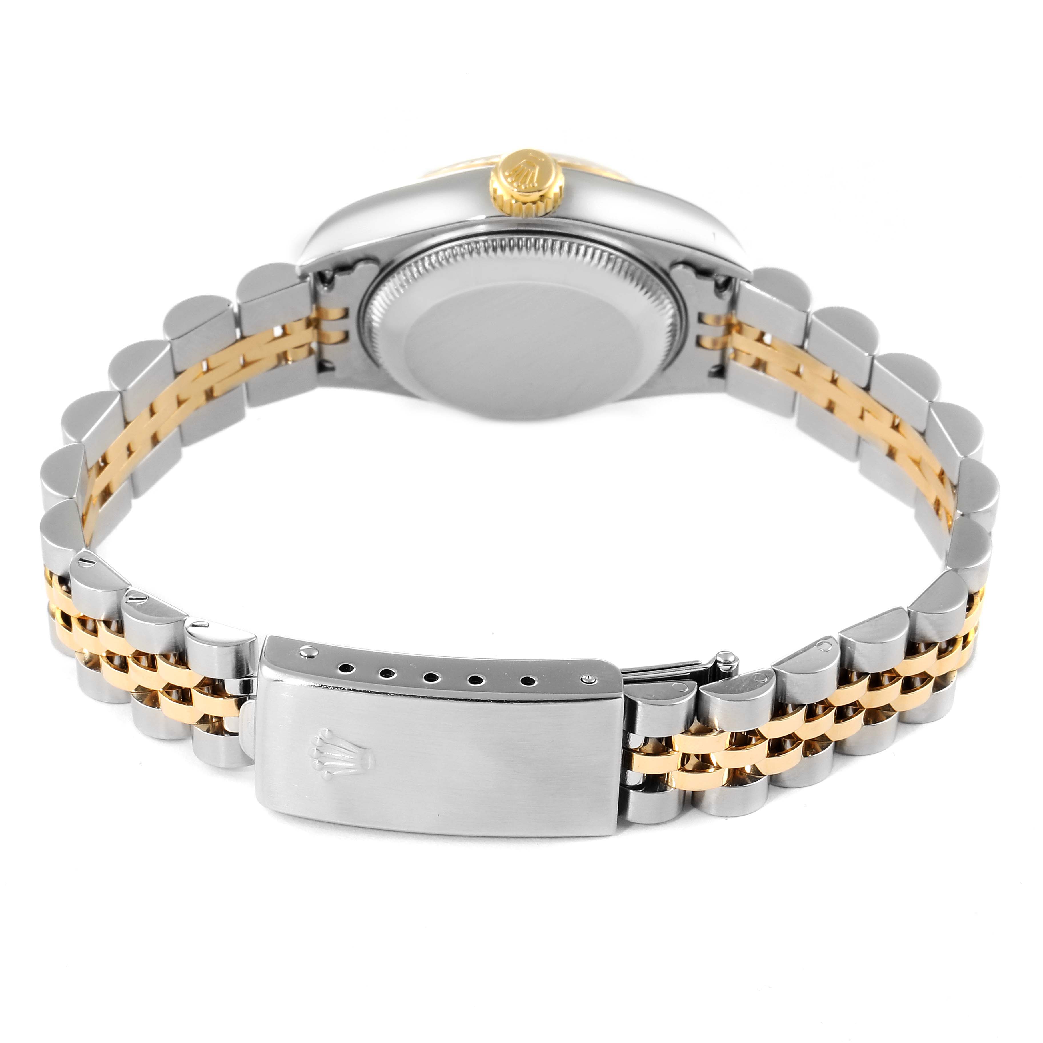 The image shows the back view of the Rolex Datejust 79173 Women
s Steel and Gold (two tone) Silver Dial 79173 Women
s Steel and Gold (two tone) Silver Dial watch, highlighting the clasp and bracelet.