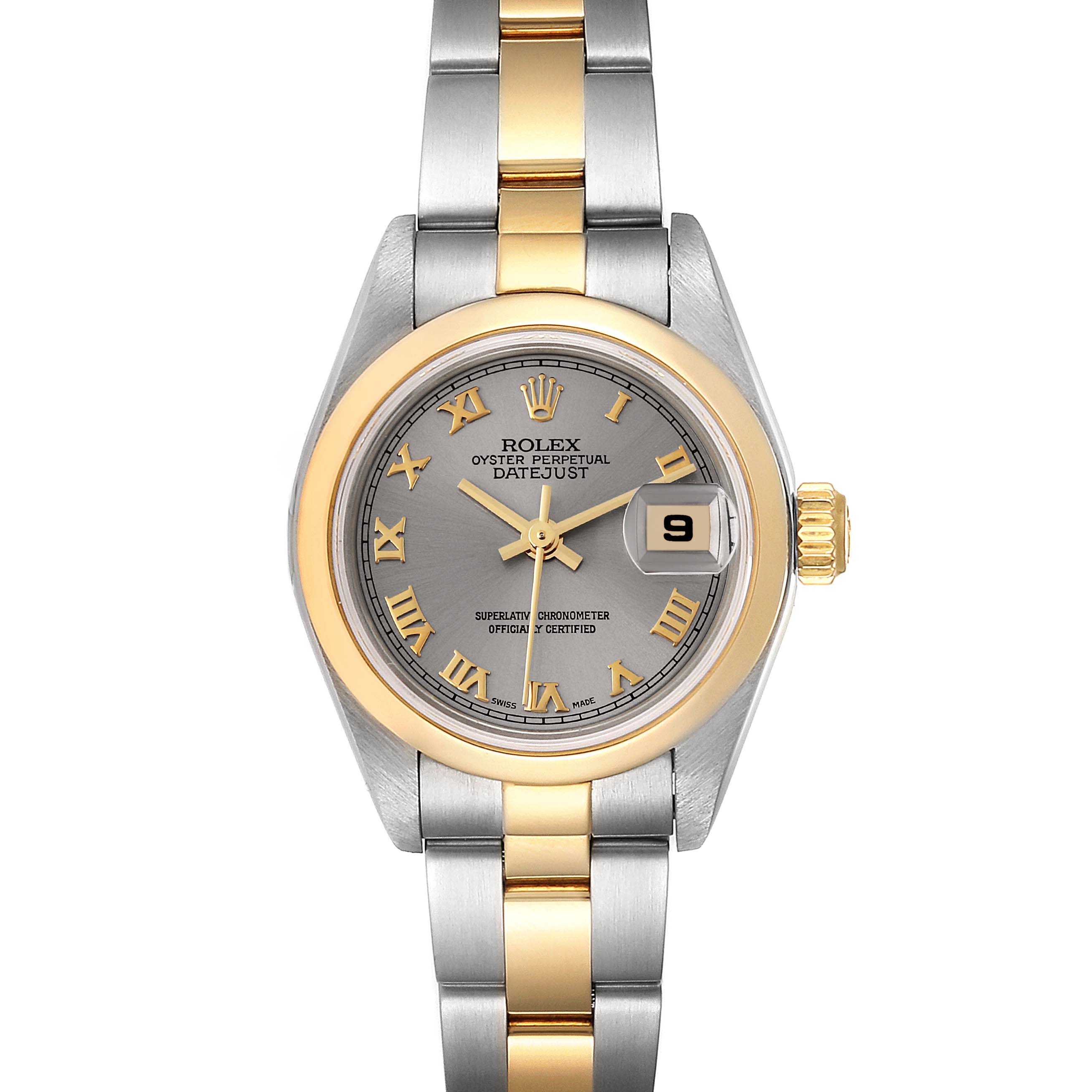 The Rolex Datejust 79163 Women's Steel and Gold (two tone) Grey Dial 79163 Women's Steel and Gold (two tone) Grey Dial watch is shown from a top-down angle, displaying the face, dial, bezel, and bracelet.