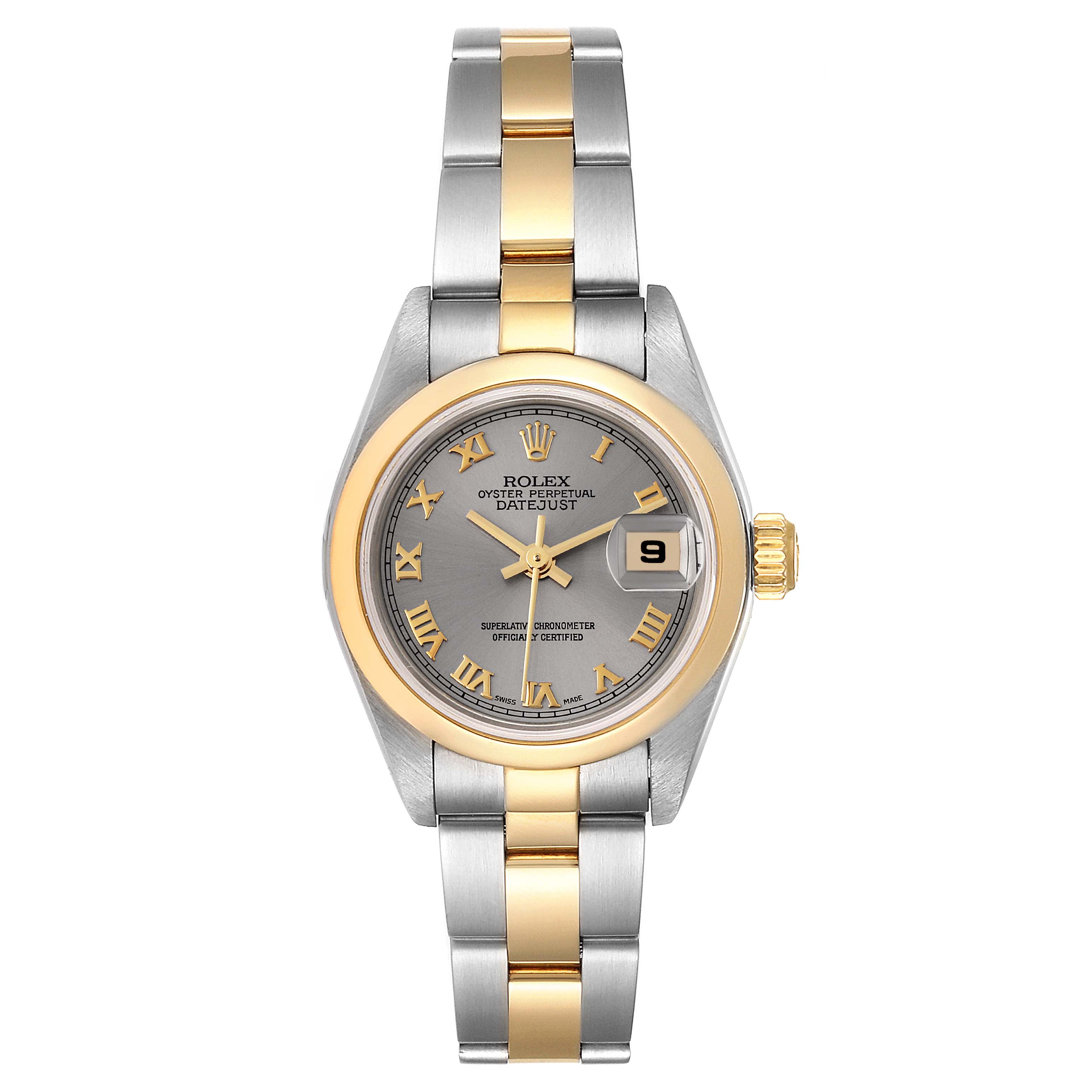 The image shows a front view of the Rolex Datejust 79163 Women's Steel and Gold (two tone) Grey Dial 79163 Women's Steel and Gold (two tone) Grey Dial watch, highlighting its two-tone bracelet, dial, and date feature.