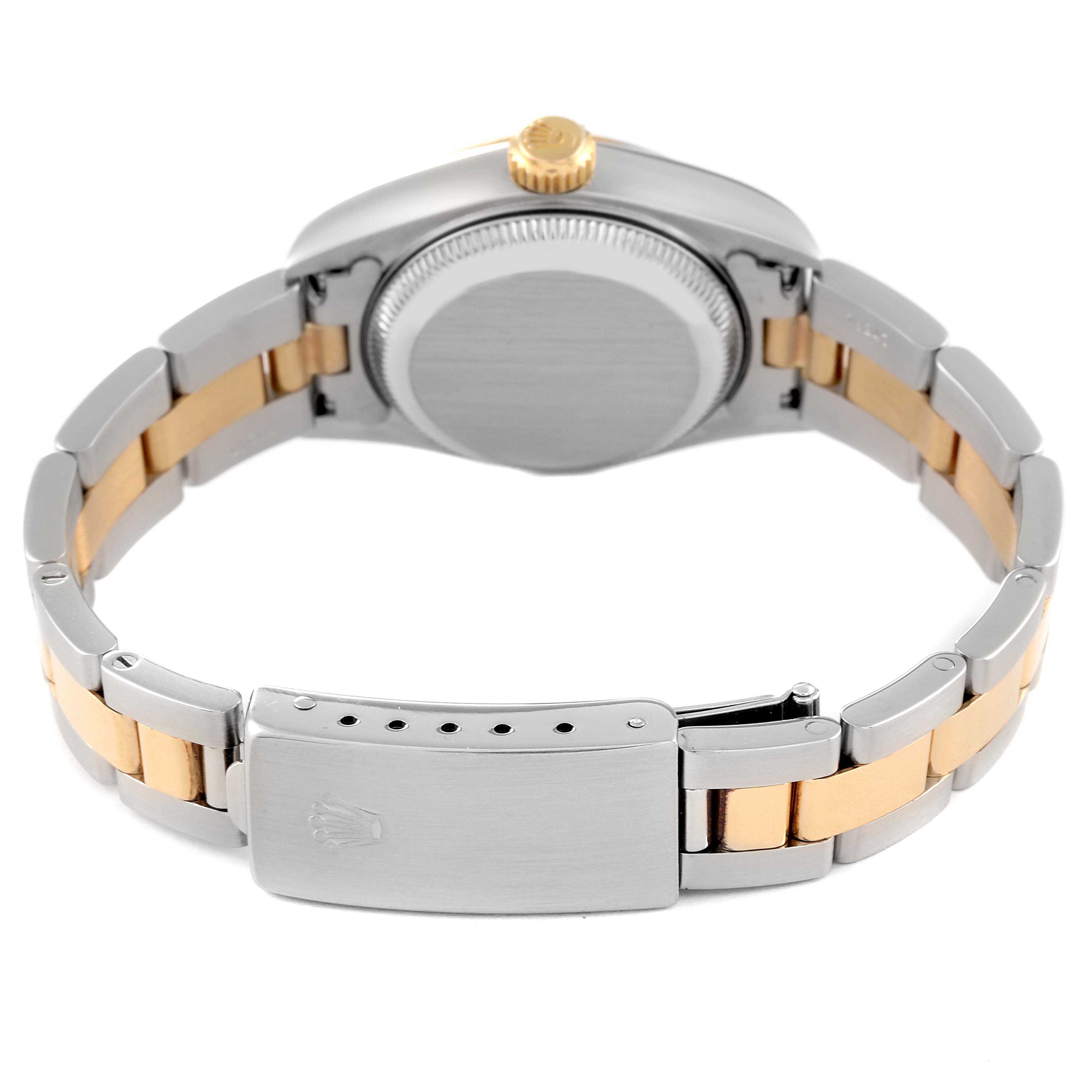 The image shows the back view of a Rolex Datejust 79163 Women's Steel and Gold (two tone) Grey Dial 79163 Women's Steel and Gold (two tone) Grey Dial watch, highlighting the case, crown, and two-tone bracelet.