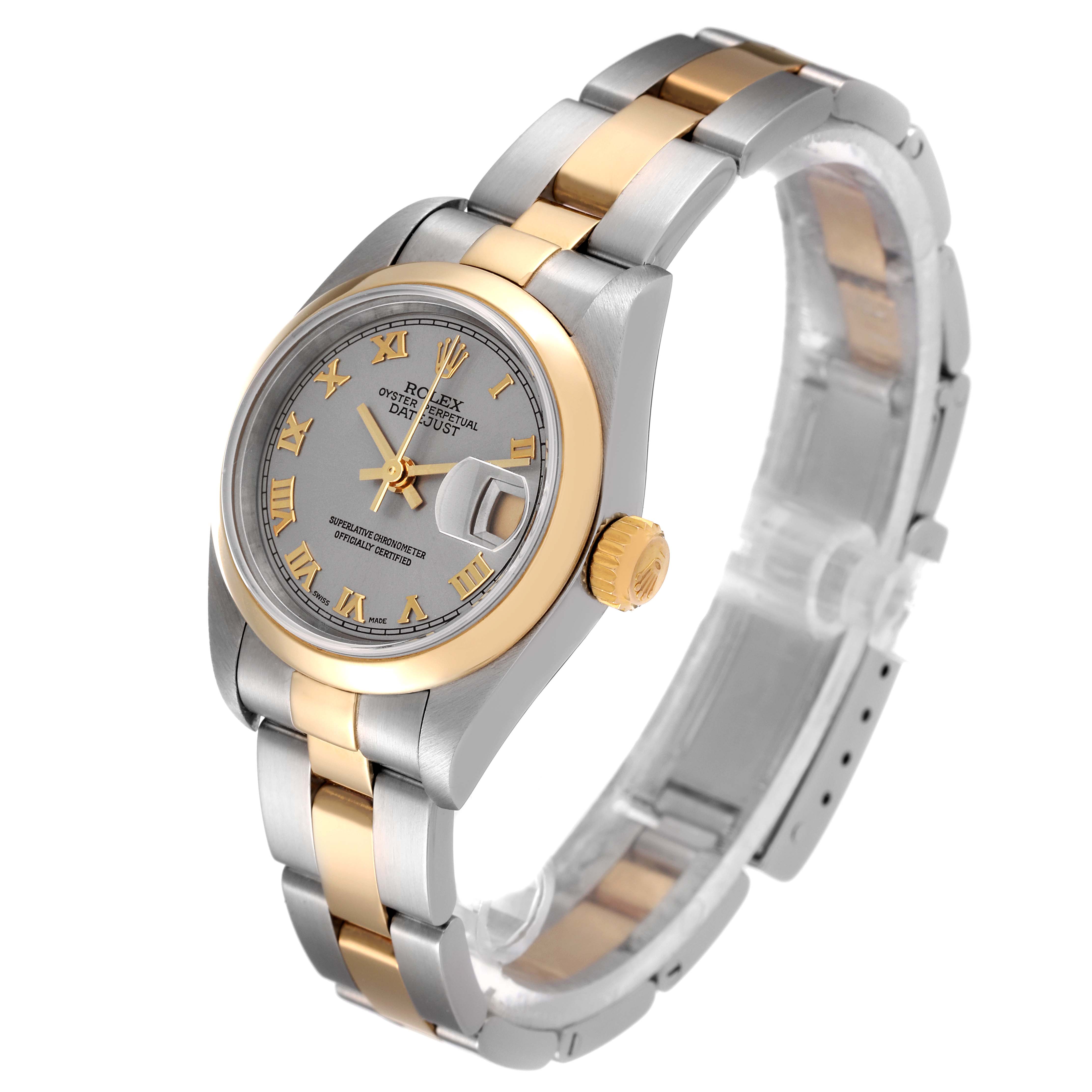 This image shows a Rolex Datejust 79163 Women's Steel and Gold (two tone) Grey Dial 79163 Women's Steel and Gold (two tone) Grey Dial watch at a three-quarter angle, highlighting the dial, bezel, crown, and bracelet.