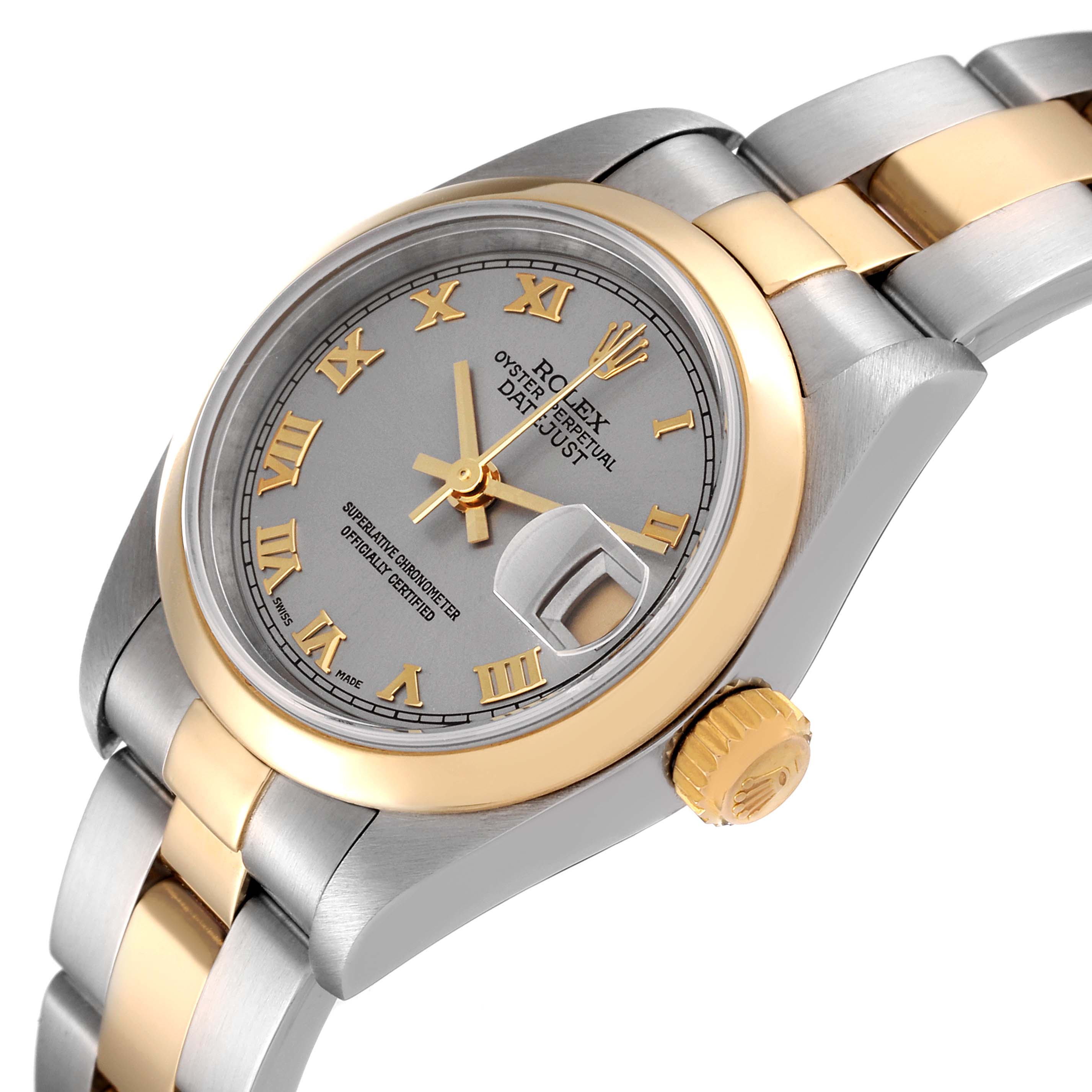 The image shows a close-up of a Rolex Datejust 79163 Women's Steel and Gold (two tone) Grey Dial 79163 Women's Steel and Gold (two tone) Grey Dial watch highlighting its dial, crown, bezel, and bracelet.