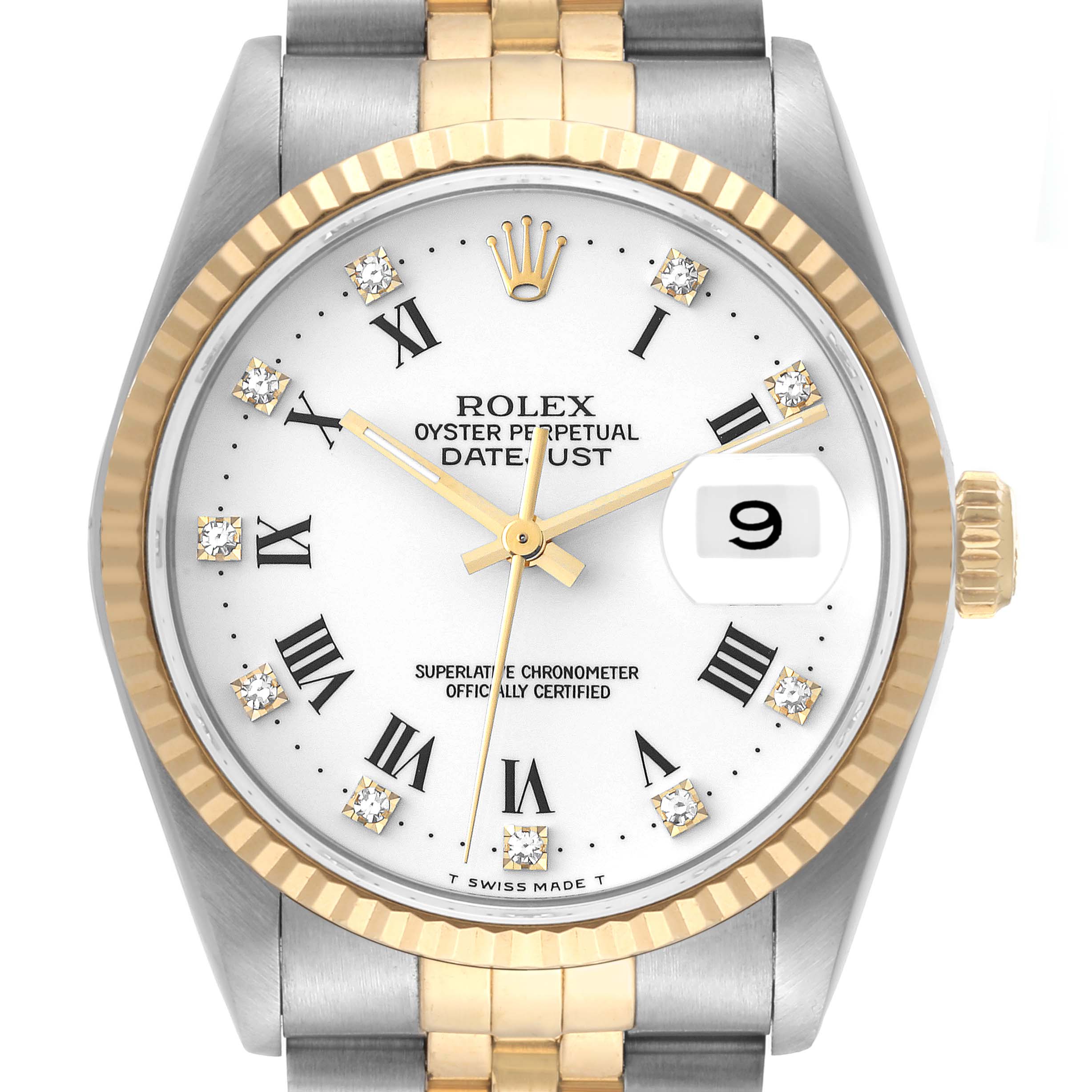 This is a close-up front view of a Rolex Datejust 16233 Men's Steel and Gold (two tone) White Dial 16233 Men's Steel and Gold (two tone) White Dial watch, showing the dial, bezel, crown, and part of the bracelet.