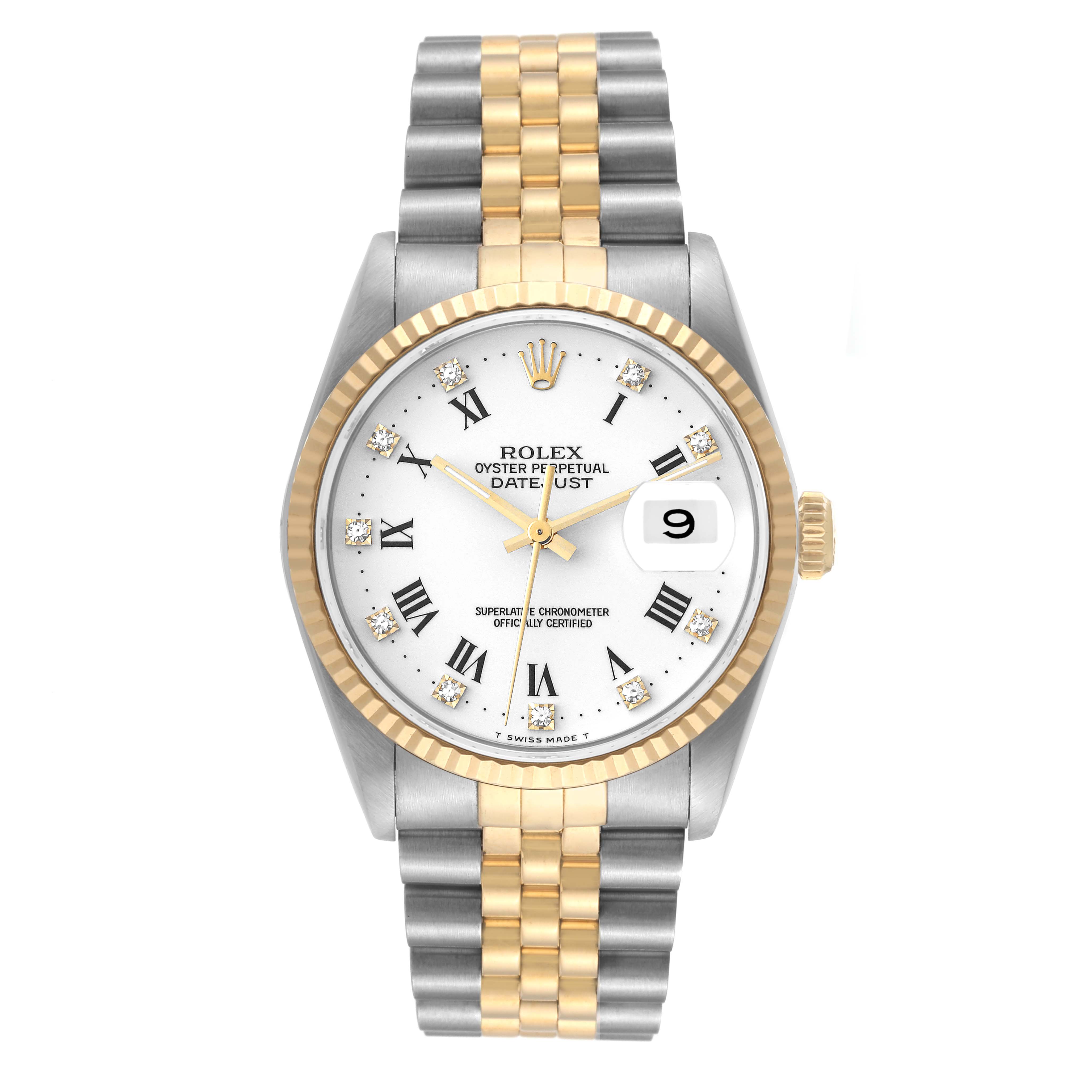 This is a straight-on view of a Rolex Datejust 16233 Men's Steel and Gold (two tone) White Dial 16233 Men's Steel and Gold (two tone) White Dial watch, showcasing its dial, bezel, and bracelet.