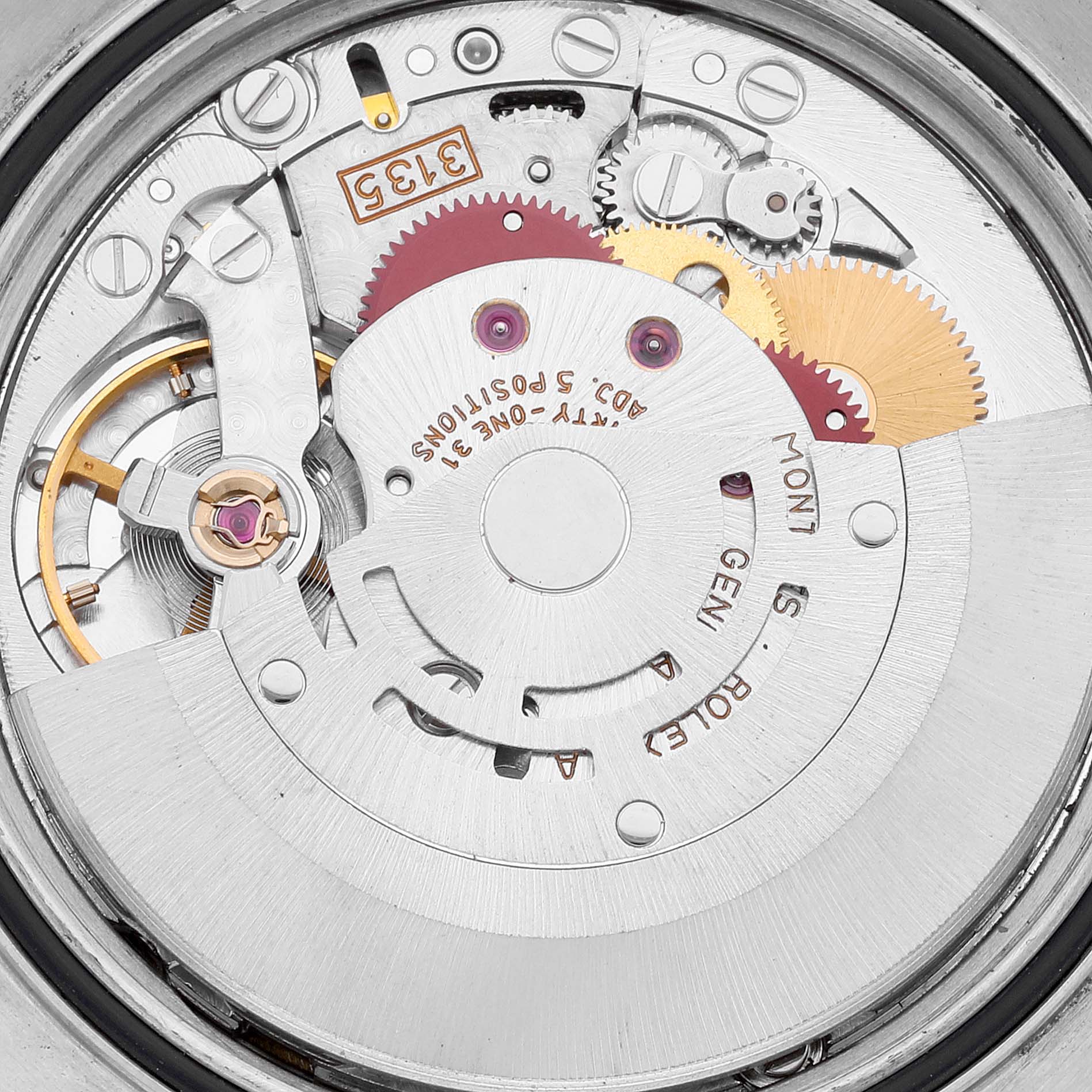 This image shows the intricate internal mechanism of a Rolex Datejust 16233 Men's Steel and Gold (two tone) White Dial 16233 Men's Steel and Gold (two tone) White Dial watch, highlighting gears and components.