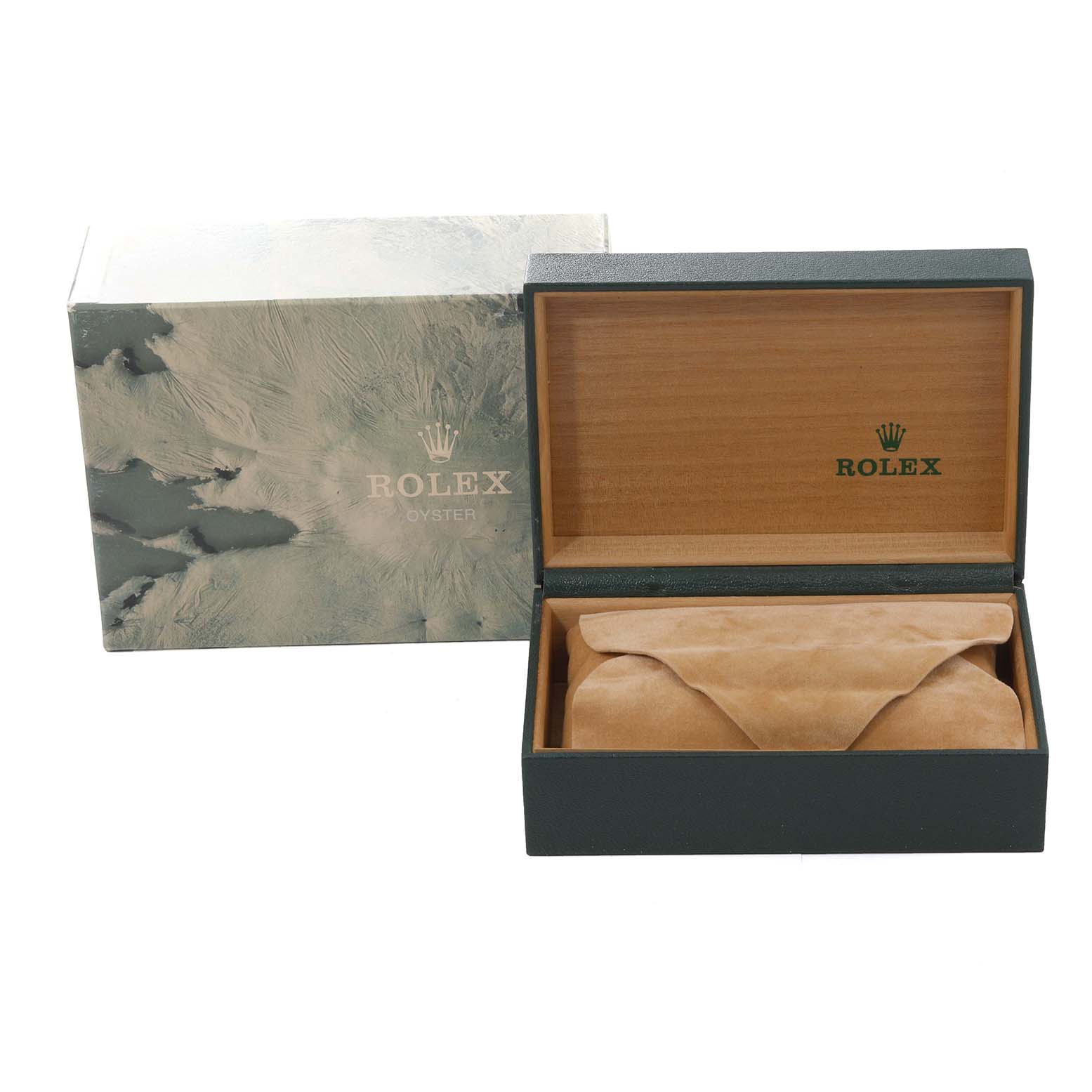 The image shows a Rolex Datejust 16233 Men's Steel and Gold (two tone) White Dial 16233 Men's Steel and Gold (two tone) White Dial box with its cover open, revealing a suede cushion inside.