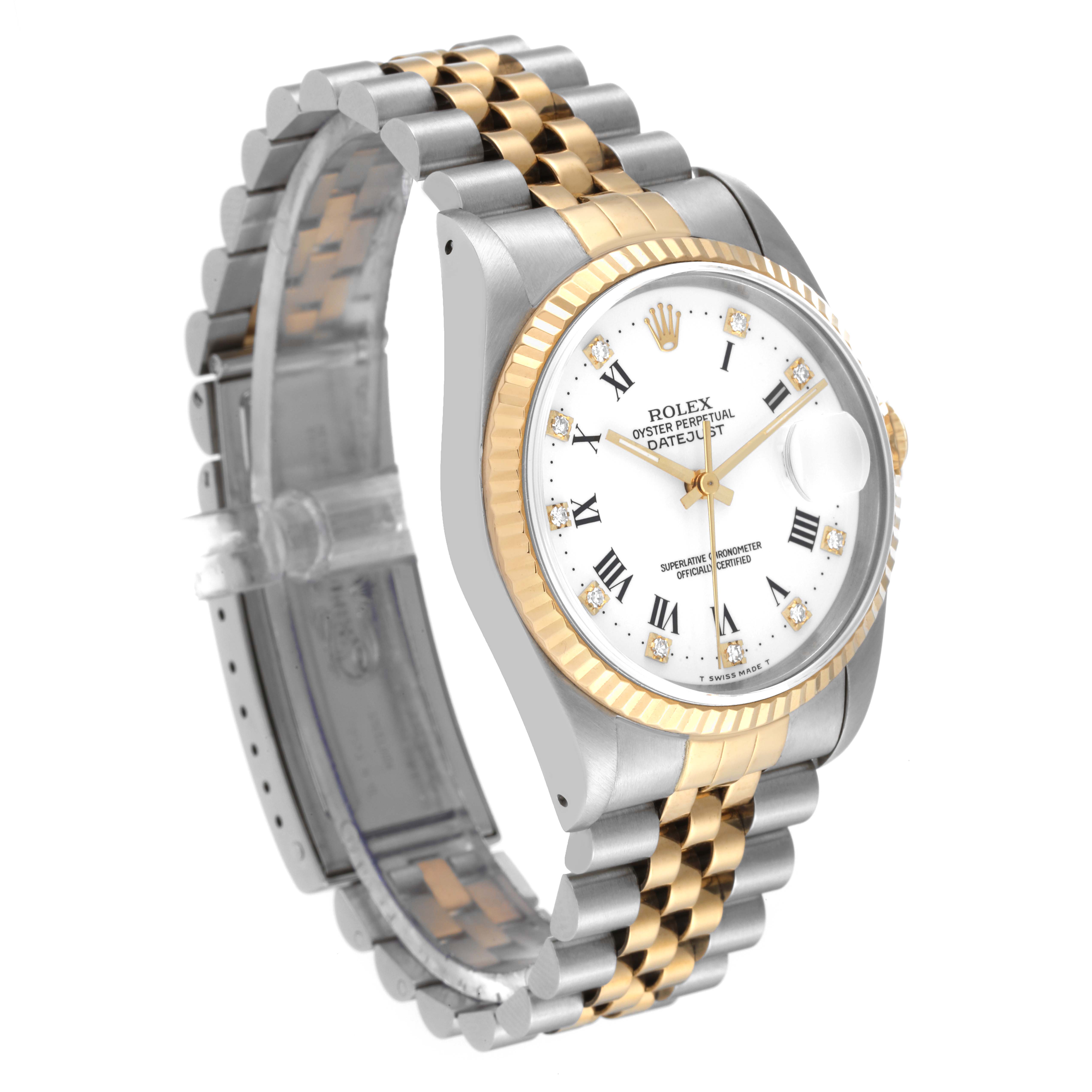 The image shows a side-angle view of a Rolex Datejust 16233 Men's Steel and Gold (two tone) White Dial 16233 Men's Steel and Gold (two tone) White Dial watch, displaying its two-tone bracelet, dial, and fluted bezel.