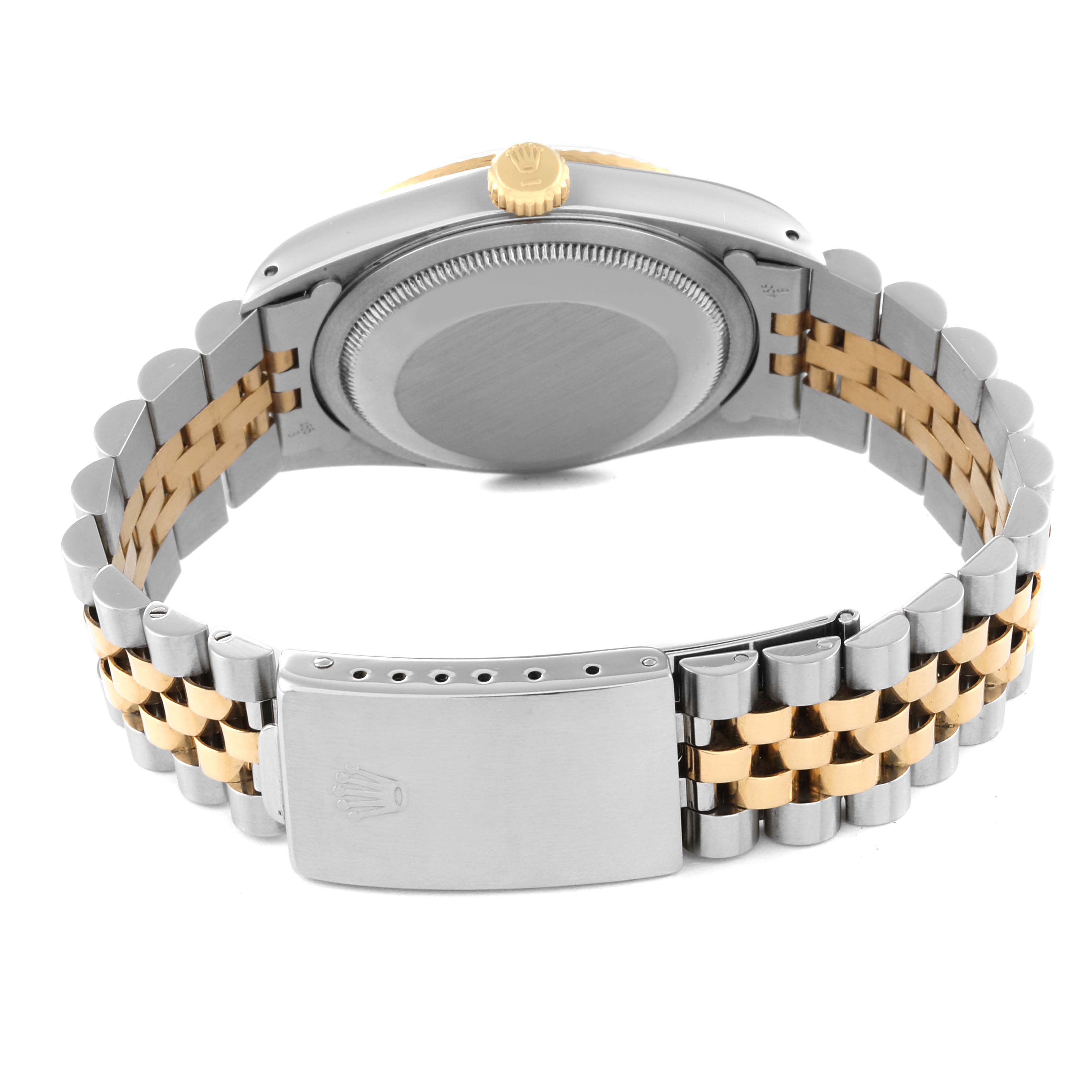 The image shows the back view of a Rolex Datejust 16233 Men's Steel and Gold (two tone) White Dial 16233 Men's Steel and Gold (two tone) White Dial watch, highlighting the case back, crown, and two-tone bracelet.