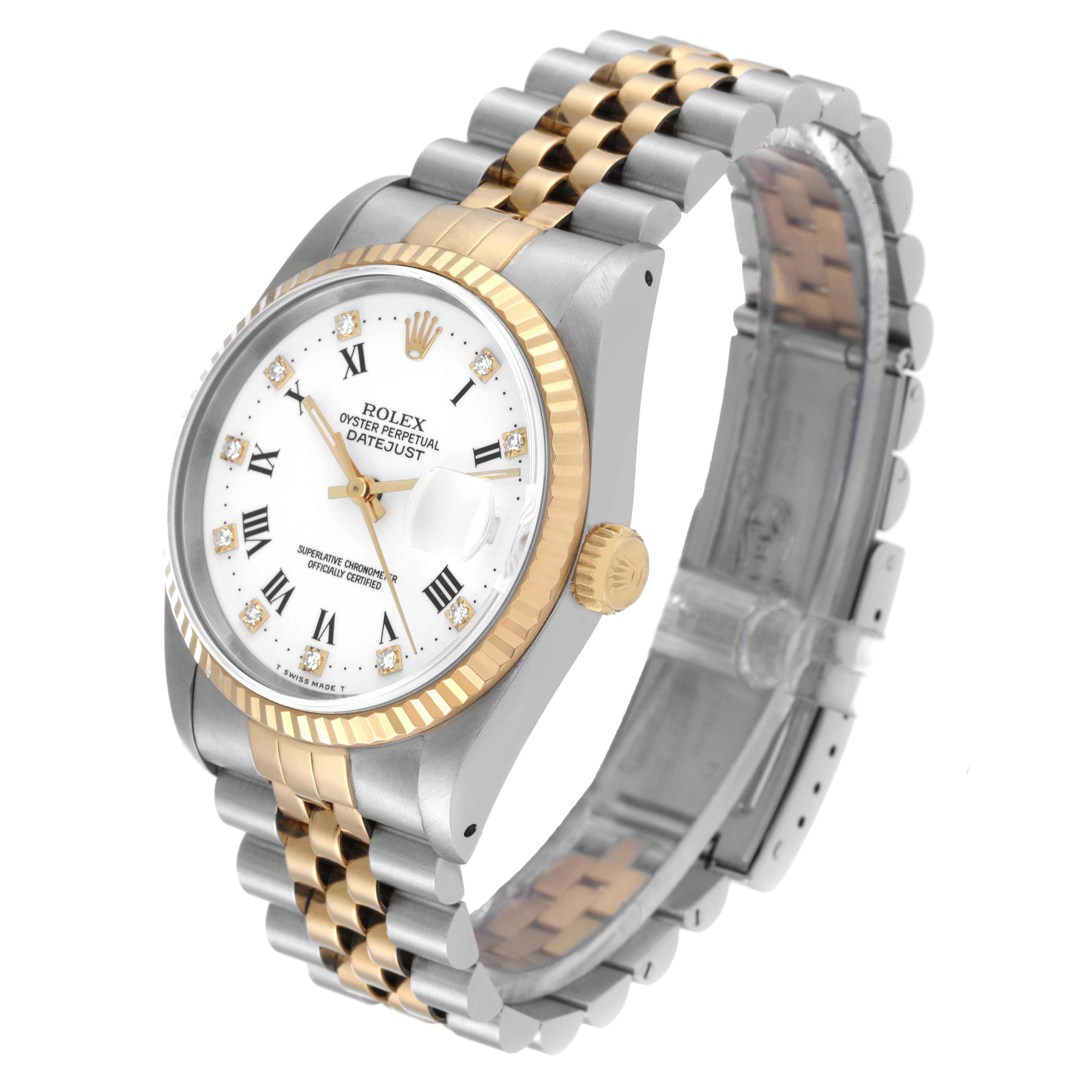 This image shows a Rolex Datejust 16233 Men's Steel and Gold (two tone) White Dial 16233 Men's Steel and Gold (two tone) White Dial watch at a three-quarter angle, highlighting its bezel, dial, and two-tone bracelet.