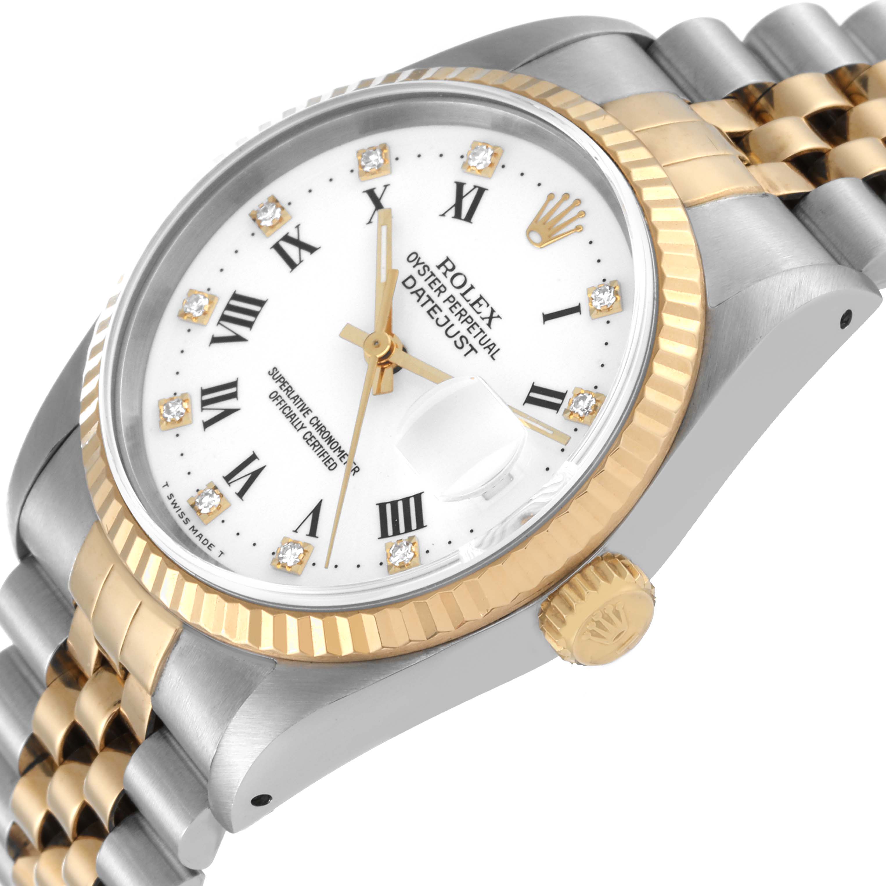 The Rolex Datejust 16233 Men's Steel and Gold (two tone) White Dial 16233 Men's Steel and Gold (two tone) White Dial watch is shown at a slight angle, highlighting the dial, bezel, crown, and part of the bracelet.