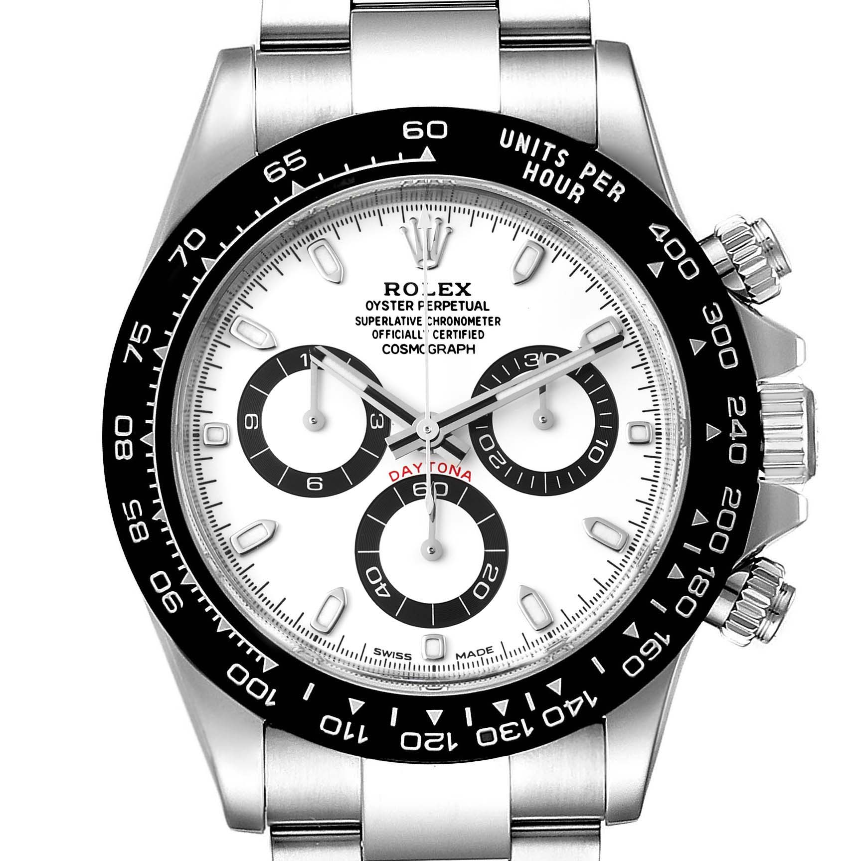 The image shows a frontal view of a Rolex Daytona 116500 Men's Stainless Steel White Dial 116500 Men's Stainless Steel White Dial watch, highlighting its dial, bezel, and chronograph subdials.