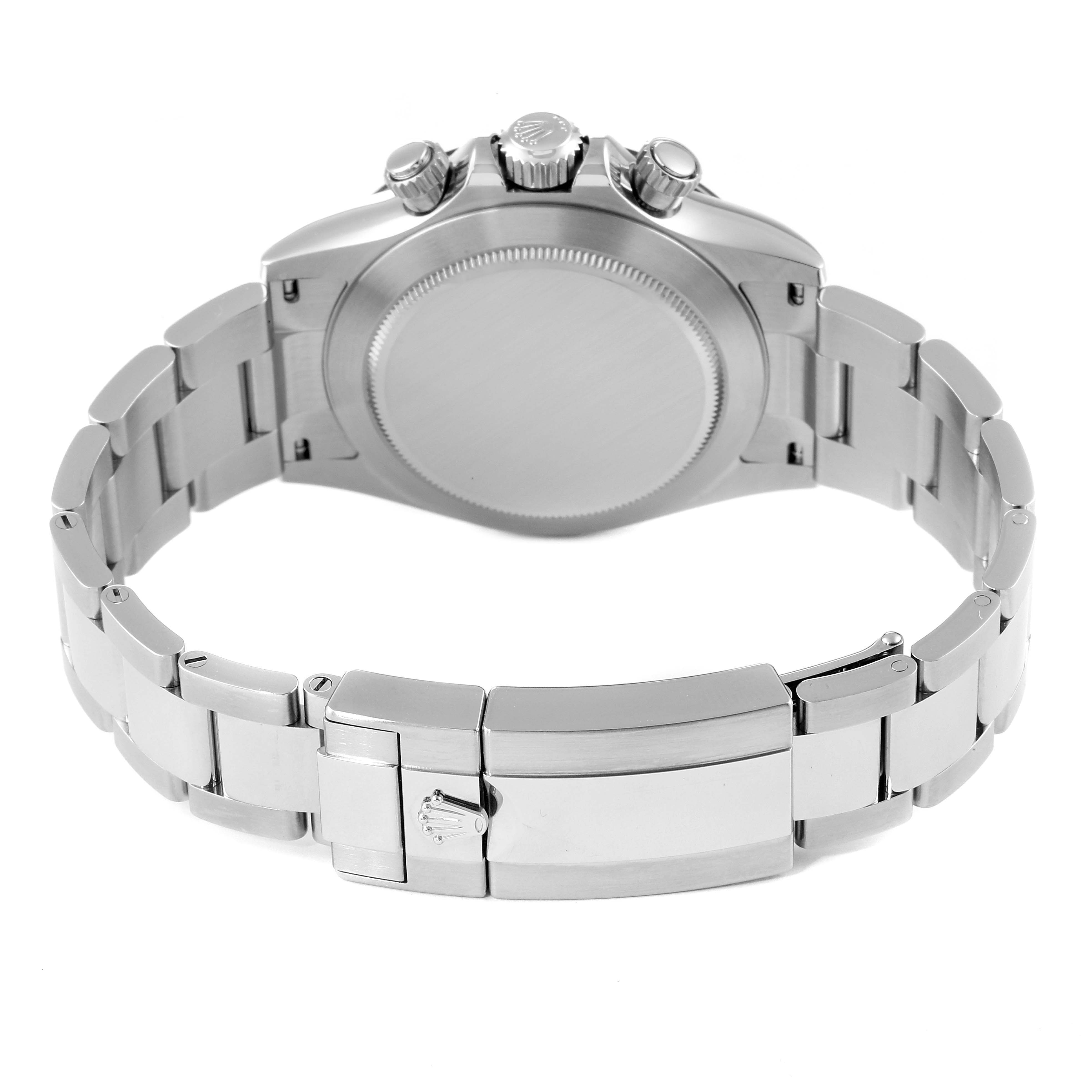 The image shows the back view of a Rolex Daytona 116500 Men's Stainless Steel White Dial 116500 Men's Stainless Steel White Dial watch, highlighting the clasp, bracelet, and caseback.