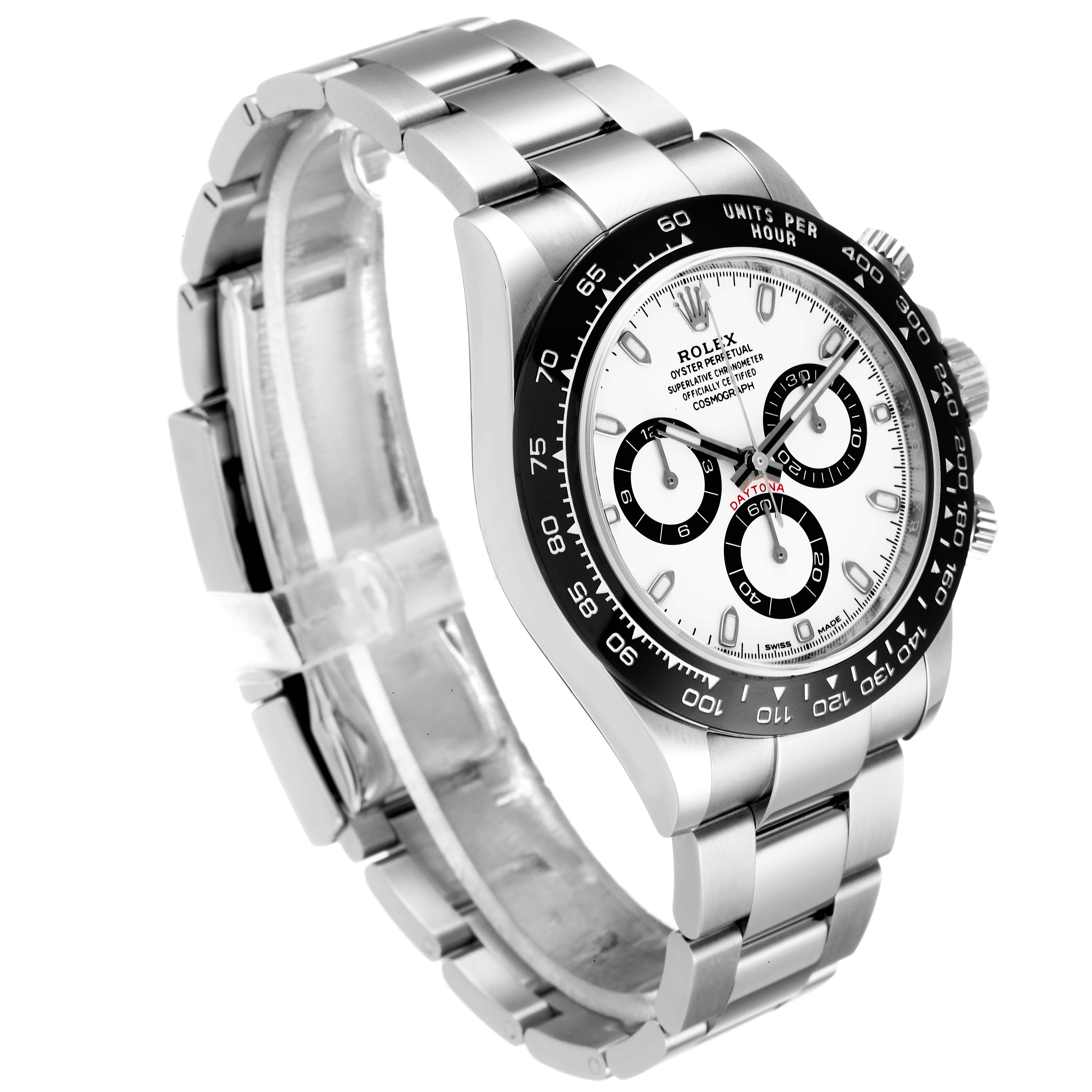 The Rolex Daytona 116500 Men's Stainless Steel White Dial 116500 Men's Stainless Steel White Dial watch is shown in a three-quarter angle highlighting its metal bracelet, bezel, and chronograph dial.