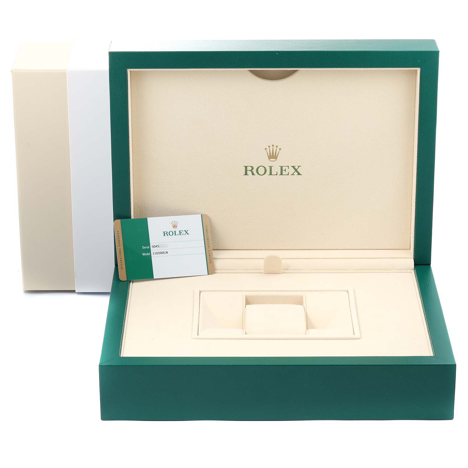 The image shows a Rolex Daytona 116500 Men's Stainless Steel White Dial 116500 Men's Stainless Steel White Dial watch box with a green and white exterior, an interior cushion, and a warranty card.