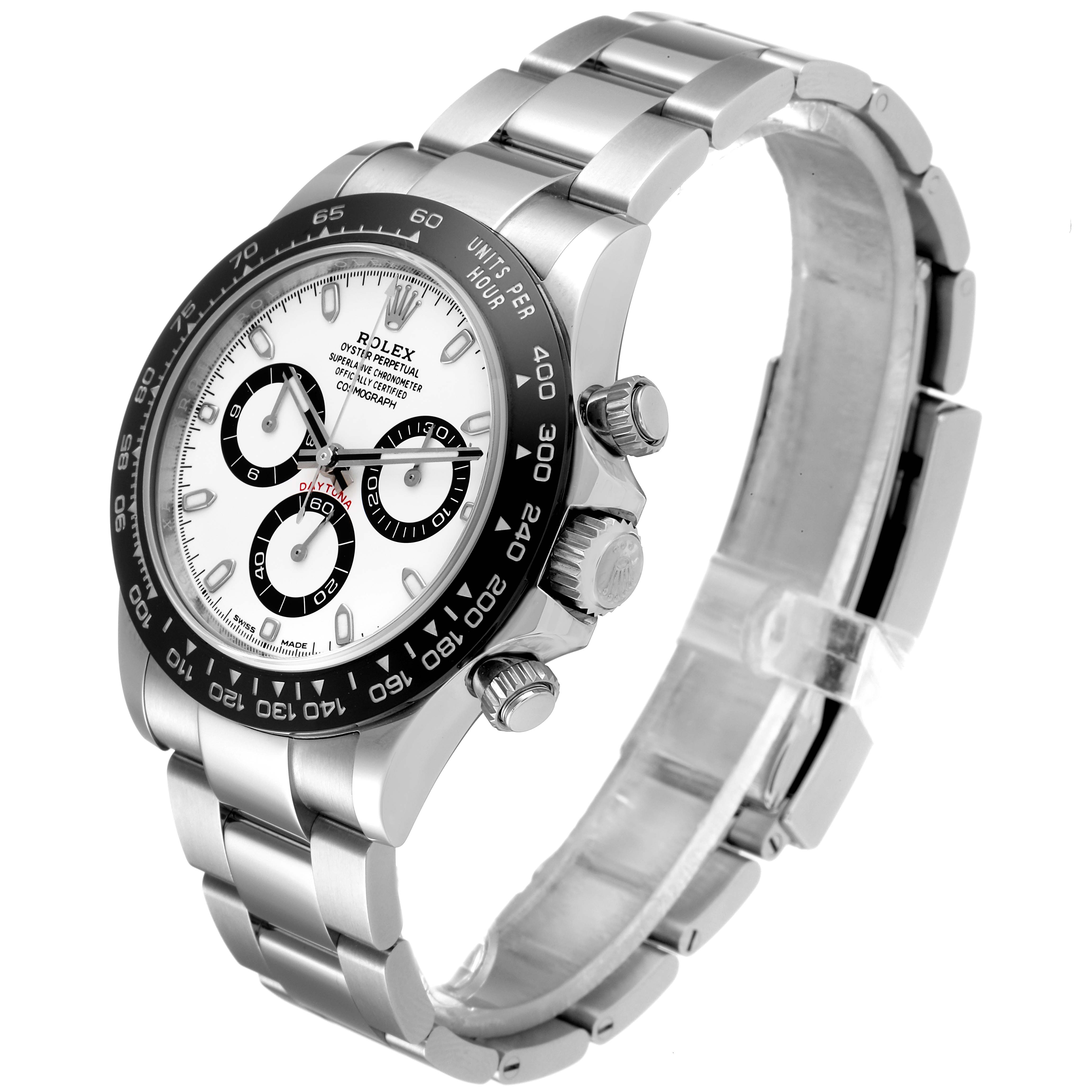 The image shows a Rolex Daytona 116500 Men's Stainless Steel White Dial 116500 Men's Stainless Steel White Dial watch at a slight angle highlighting the face, bezel, crown, and bracelet.