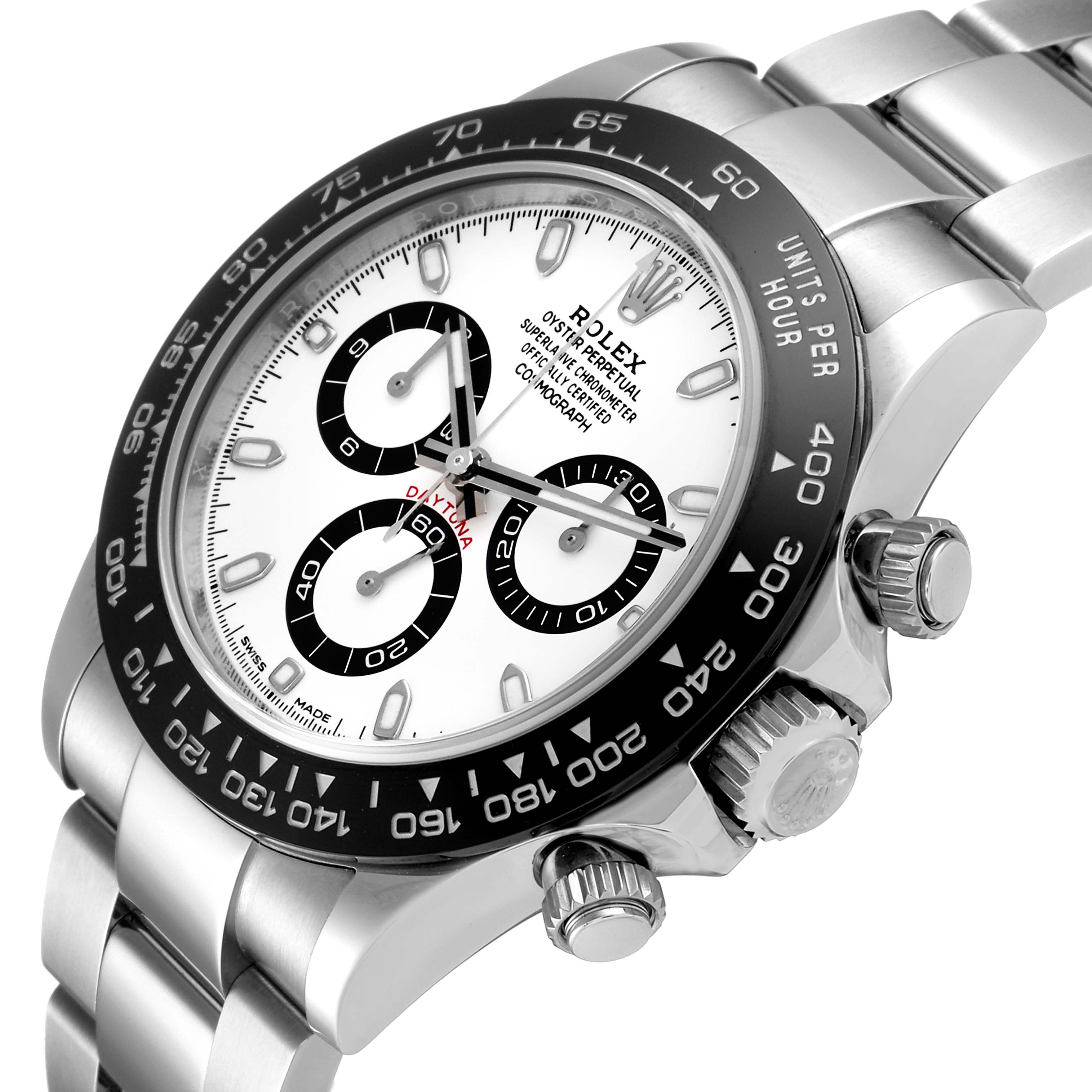 The image shows a side and angled view of the Rolex Daytona 116500 Men's Stainless Steel White Dial 116500 Men's Stainless Steel White Dial watch, highlighting its dial, bezel, and bracelet.