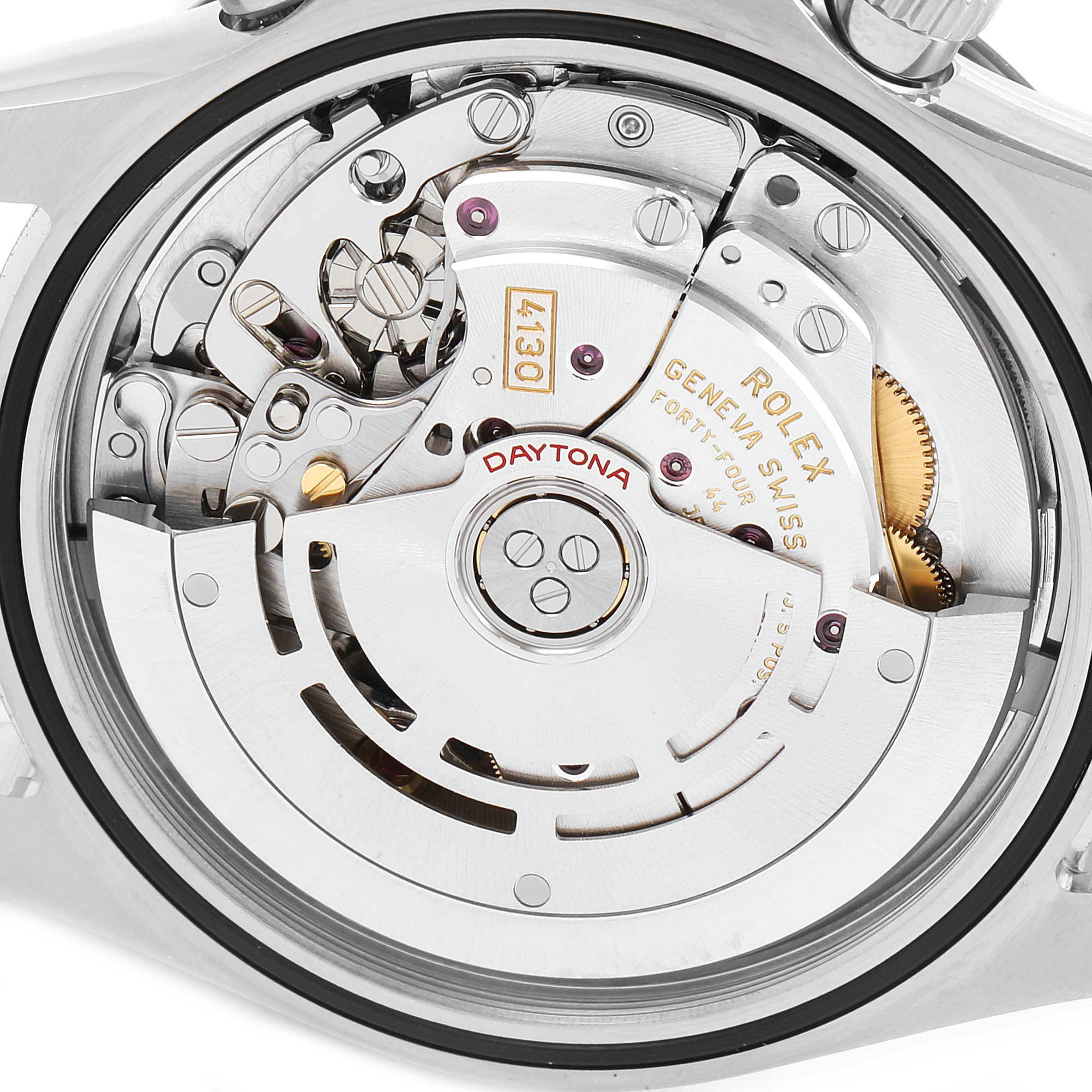 This is a close-up view of the movement of a Rolex Daytona 116500 Men's Stainless Steel White Dial 116500 Men's Stainless Steel White Dial watch, displaying its inner mechanical components.