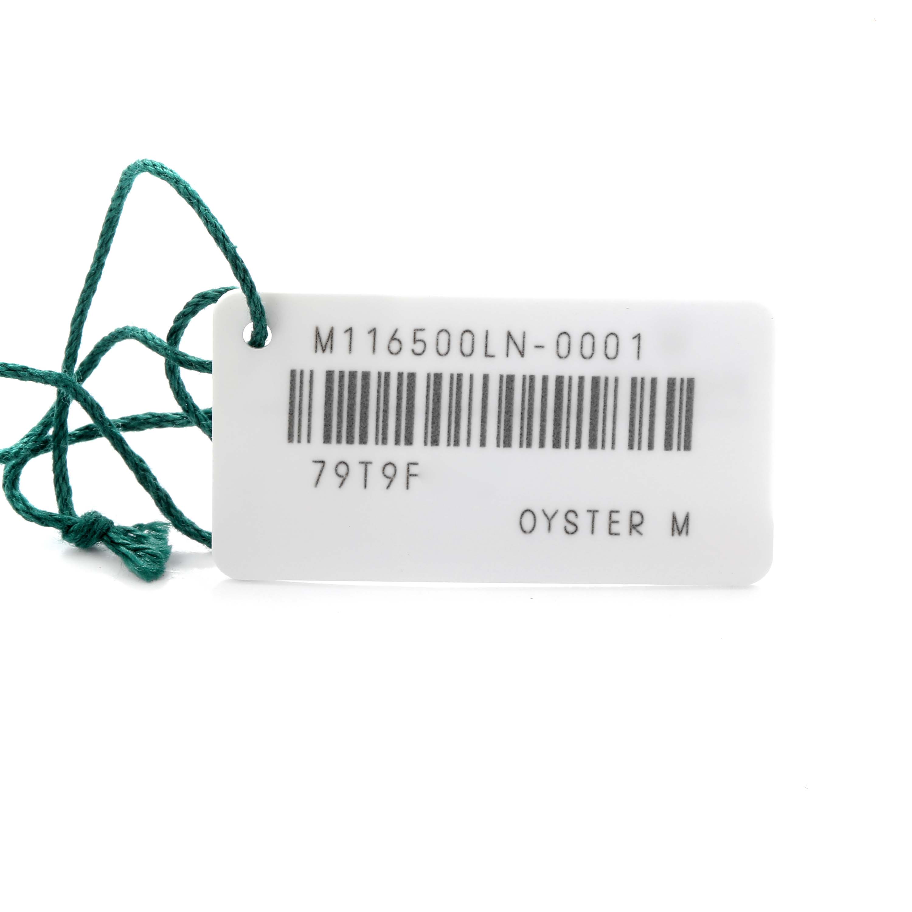 The image shows a tag with a barcode for the Rolex Daytona 116500LN Men
s Stainless Steel White Dial 116500LN Men
s Stainless Steel White Dial model, featuring reference numbers and the "Oyster M" label.