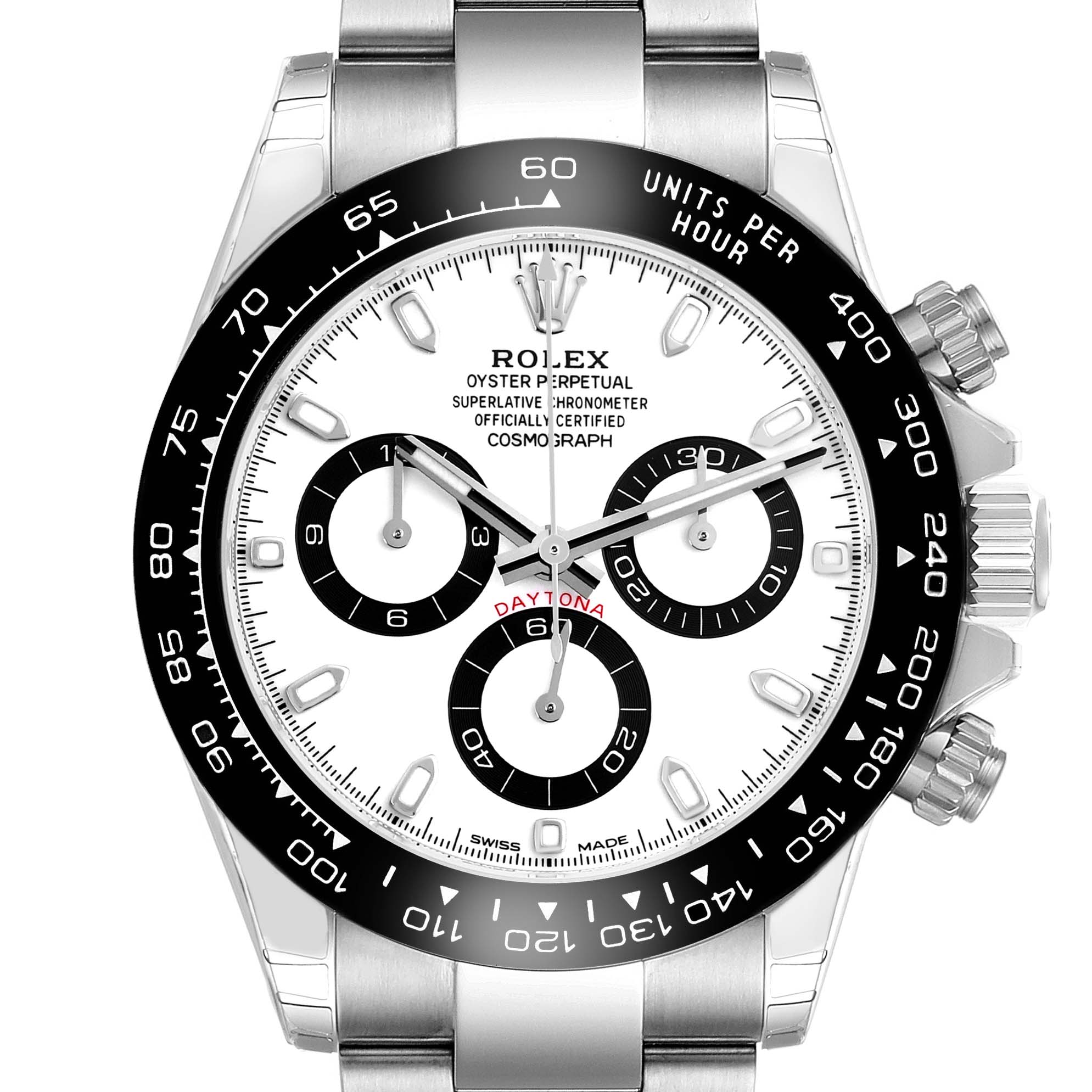 The Rolex Daytona 116500LN Men
s Stainless Steel White Dial 116500LN Men
s Stainless Steel White Dial watch is shown from a front angle, highlighting the bezel, dial, and crown.
