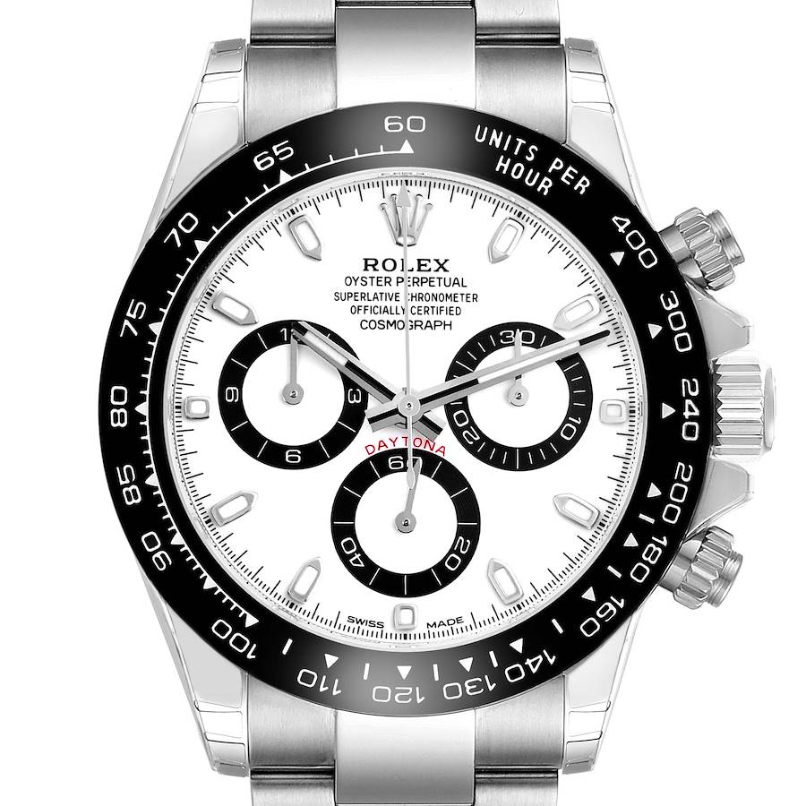 The Rolex Daytona watch is shown from a front angle, highlighting the bezel, dial, and crown.