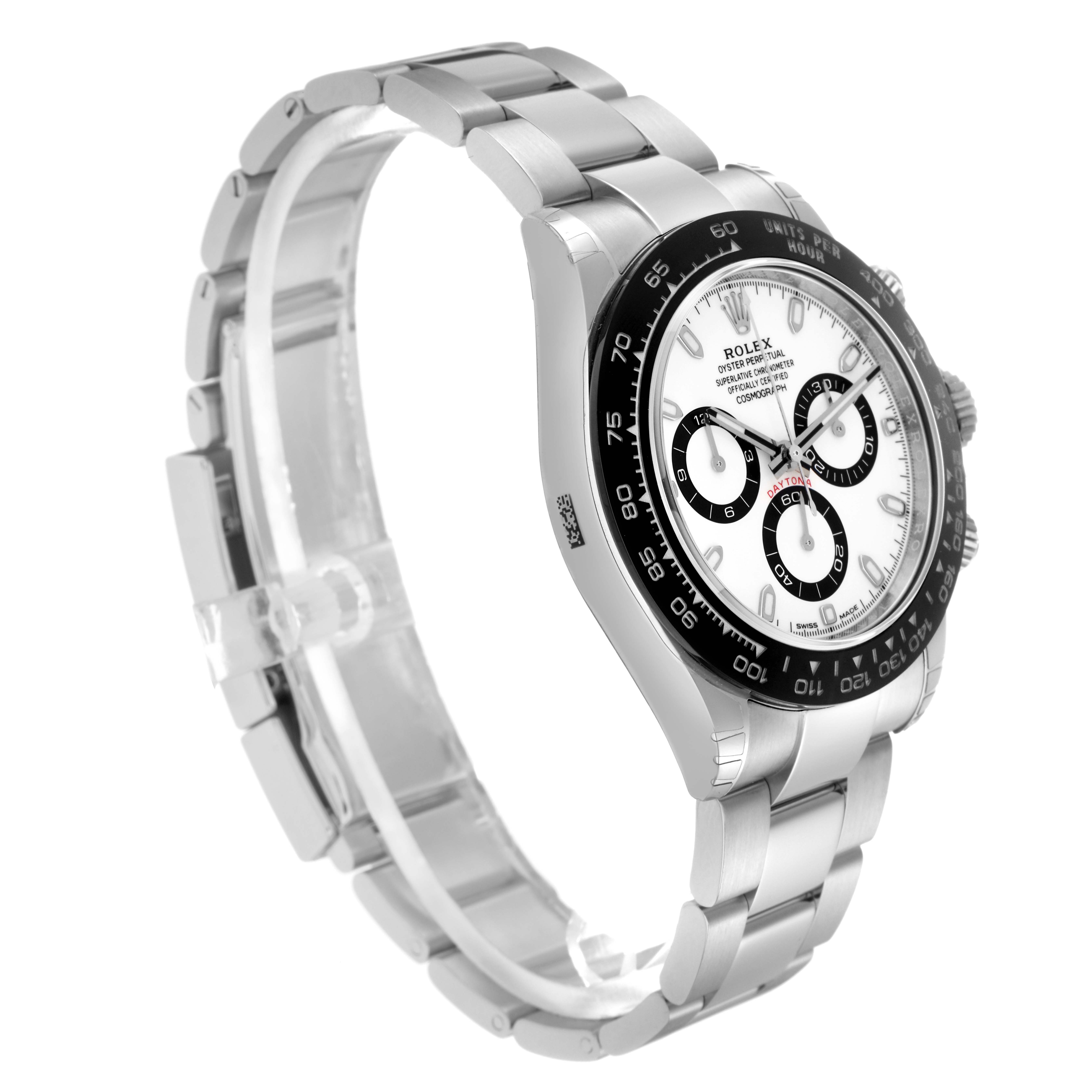 The Rolex Daytona 116500LN Men
s Stainless Steel White Dial 116500LN Men
s Stainless Steel White Dial is shown in a side angle, displaying the bezel, dial, crown, and stainless steel bracelet.