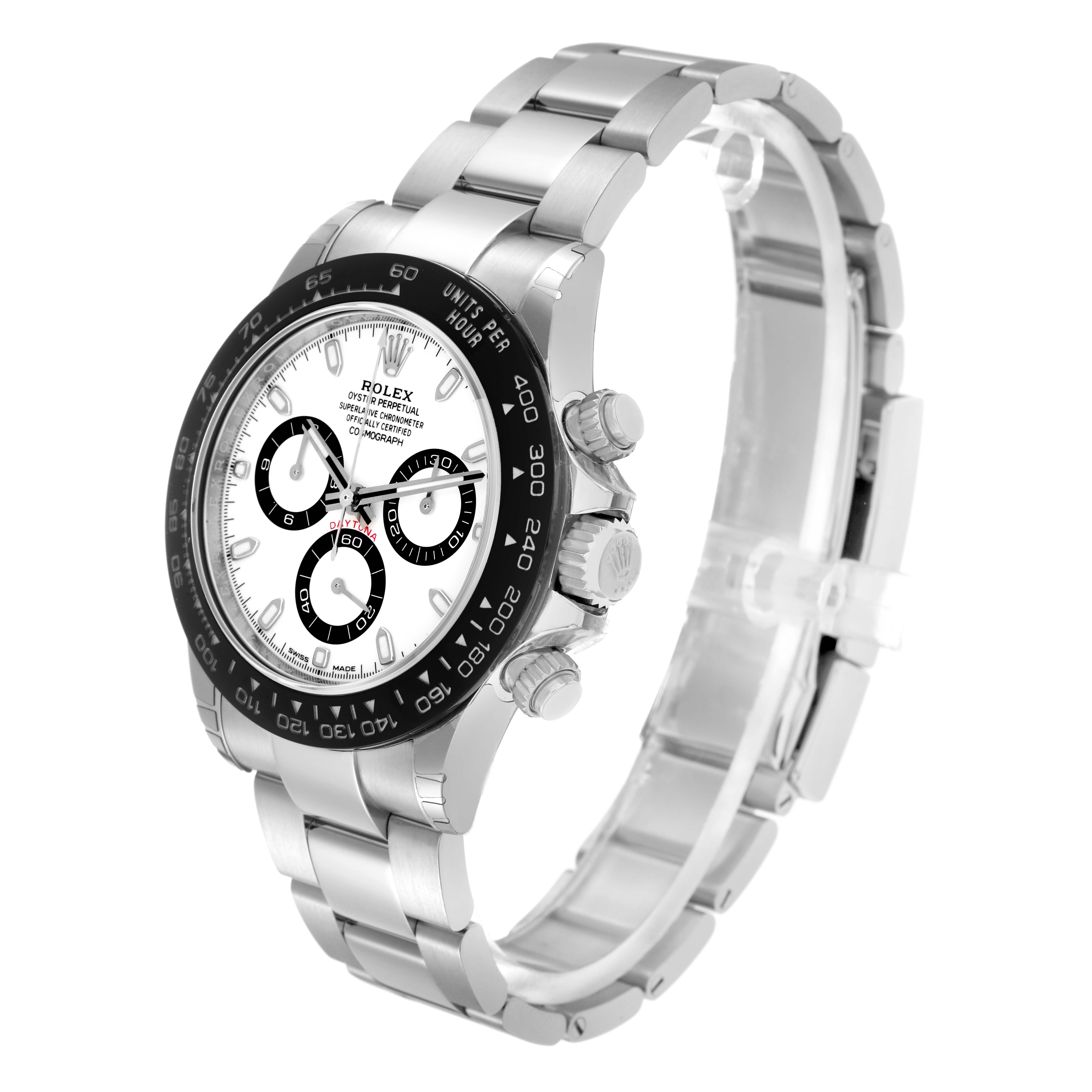 The Rolex Daytona 116500LN Men
s Stainless Steel White Dial 116500LN Men
s Stainless Steel White Dial watch is shown from a three-quarter angle, highlighting the bezel, dial, and bracelet.