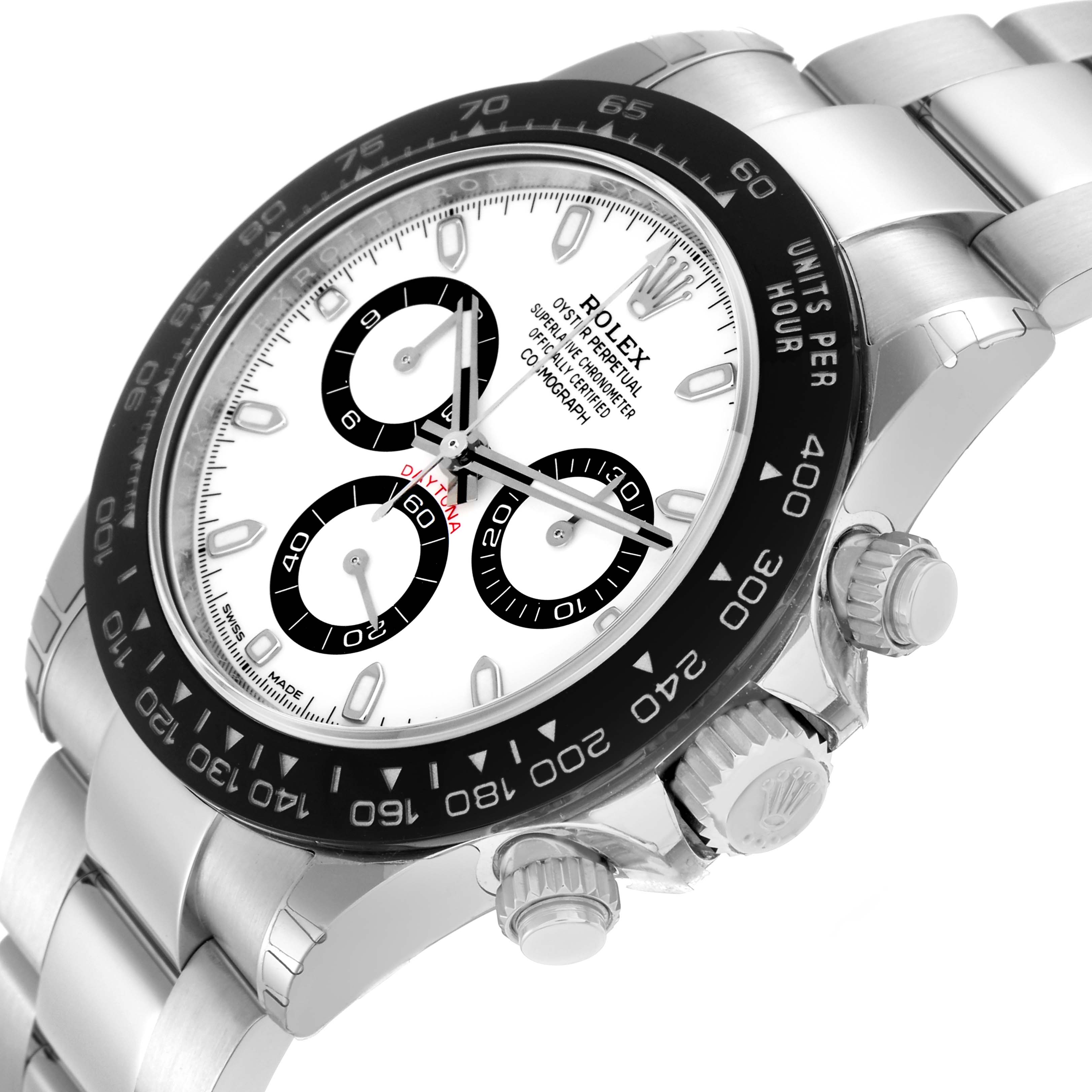 The Rolex Daytona 116500LN Men
s Stainless Steel White Dial 116500LN Men
s Stainless Steel White Dial watch is shown at a slight angle, highlighting the bezel, dial, and side pushers.