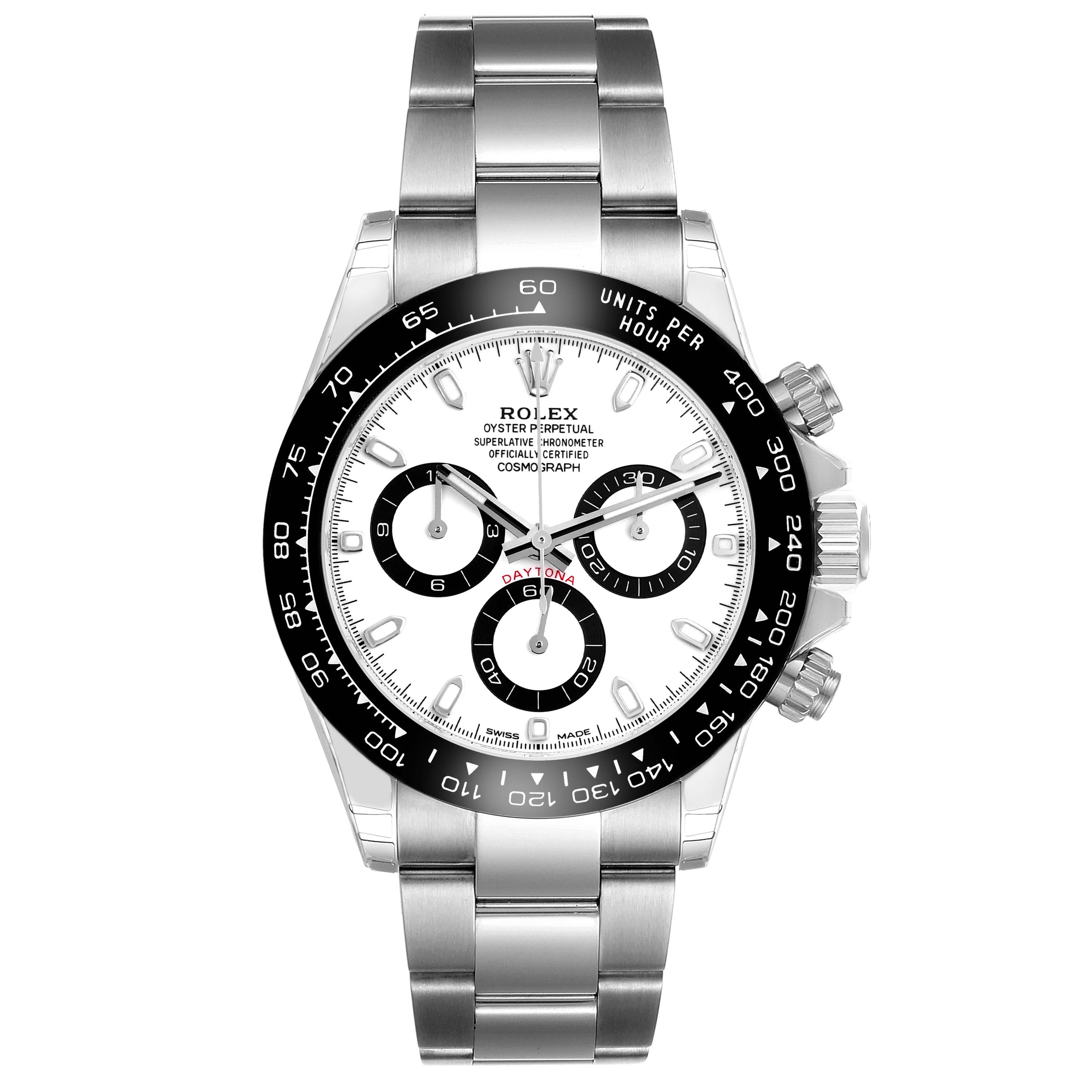 The Rolex Daytona 116500LN Men
s Stainless Steel White Dial 116500LN Men
s Stainless Steel White Dial watch is shown from a front angle, highlighting its dial, bezel, sub-dials, and bracelet.