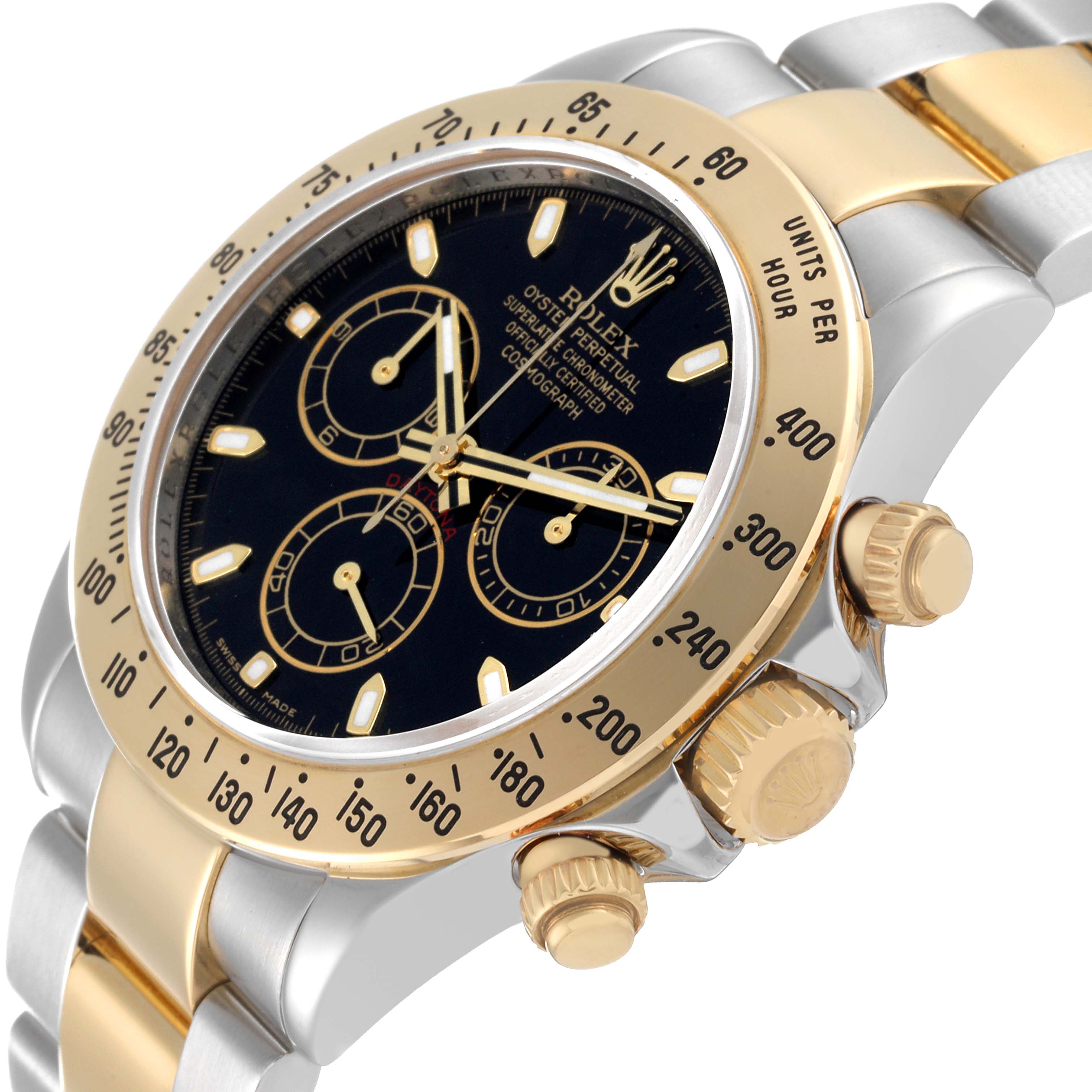 The image shows the face, bezel, and side buttons of a Rolex Daytona 116523 Men
s Steel and Gold (two tone) Black Dial 116523 Men
s Steel and Gold (two tone) Black Dial watch at a three-quarter angle.