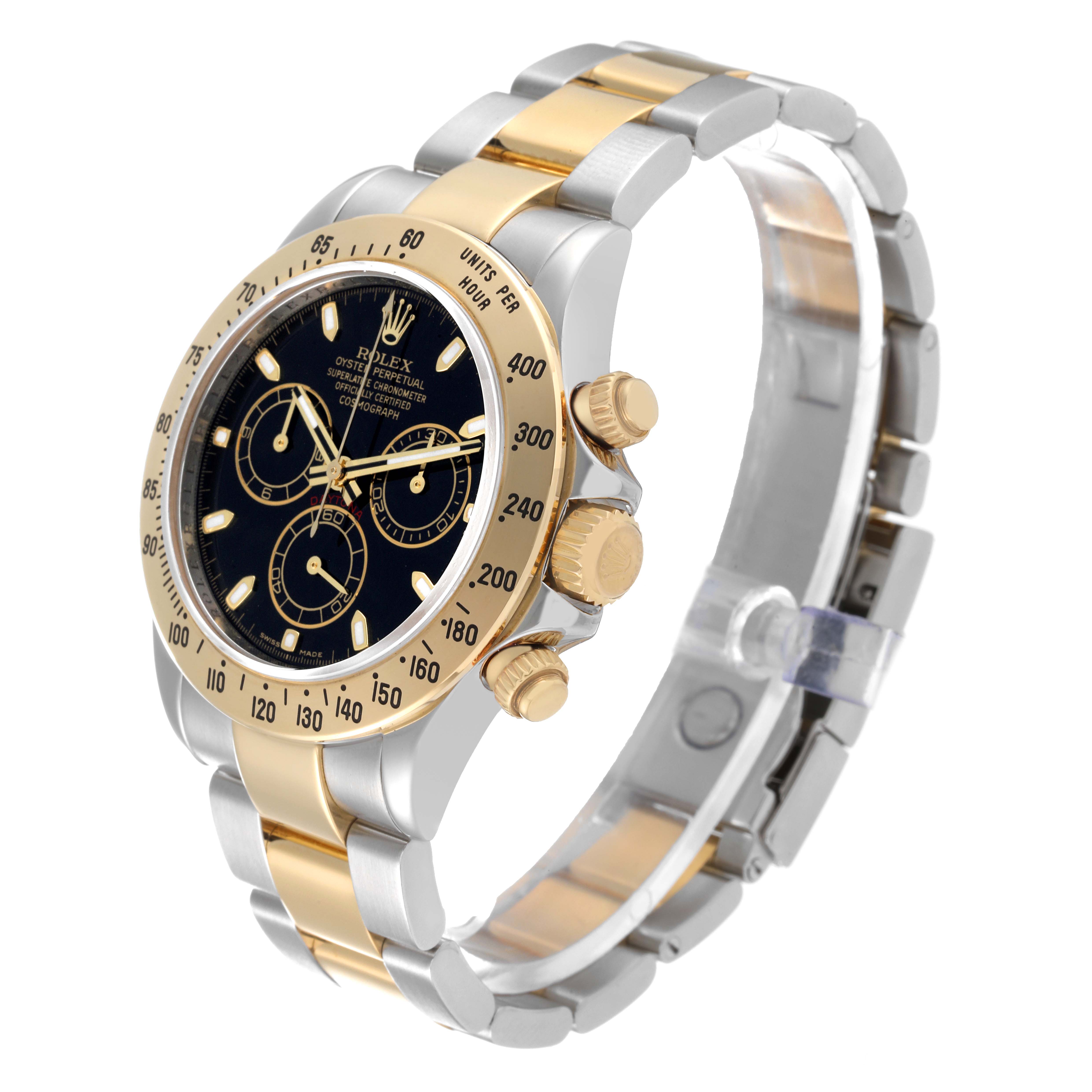 The Rolex Daytona 116523 Men
s Steel and Gold (two tone) Black Dial 116523 Men
s Steel and Gold (two tone) Black Dial model watch is shown at a three-quarter angle, highlighting the bezel, crown, pushers, and bracelet.