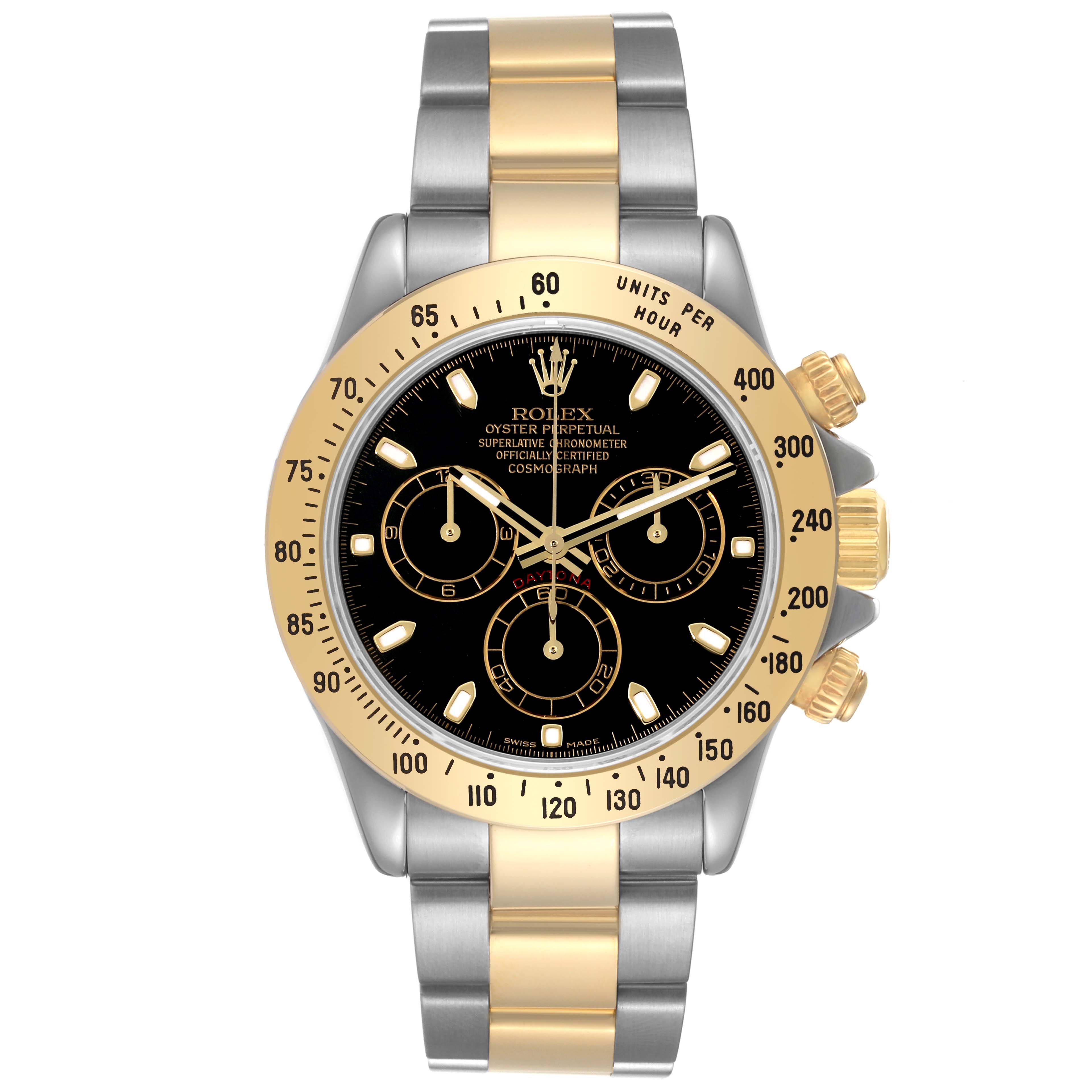 This image shows a front view of the Rolex Daytona 116523 Men
s Steel and Gold (two tone) Black Dial 116523 Men
s Steel and Gold (two tone) Black Dial watch, displaying its gold and silver bracelet, black dial, and chronograph.