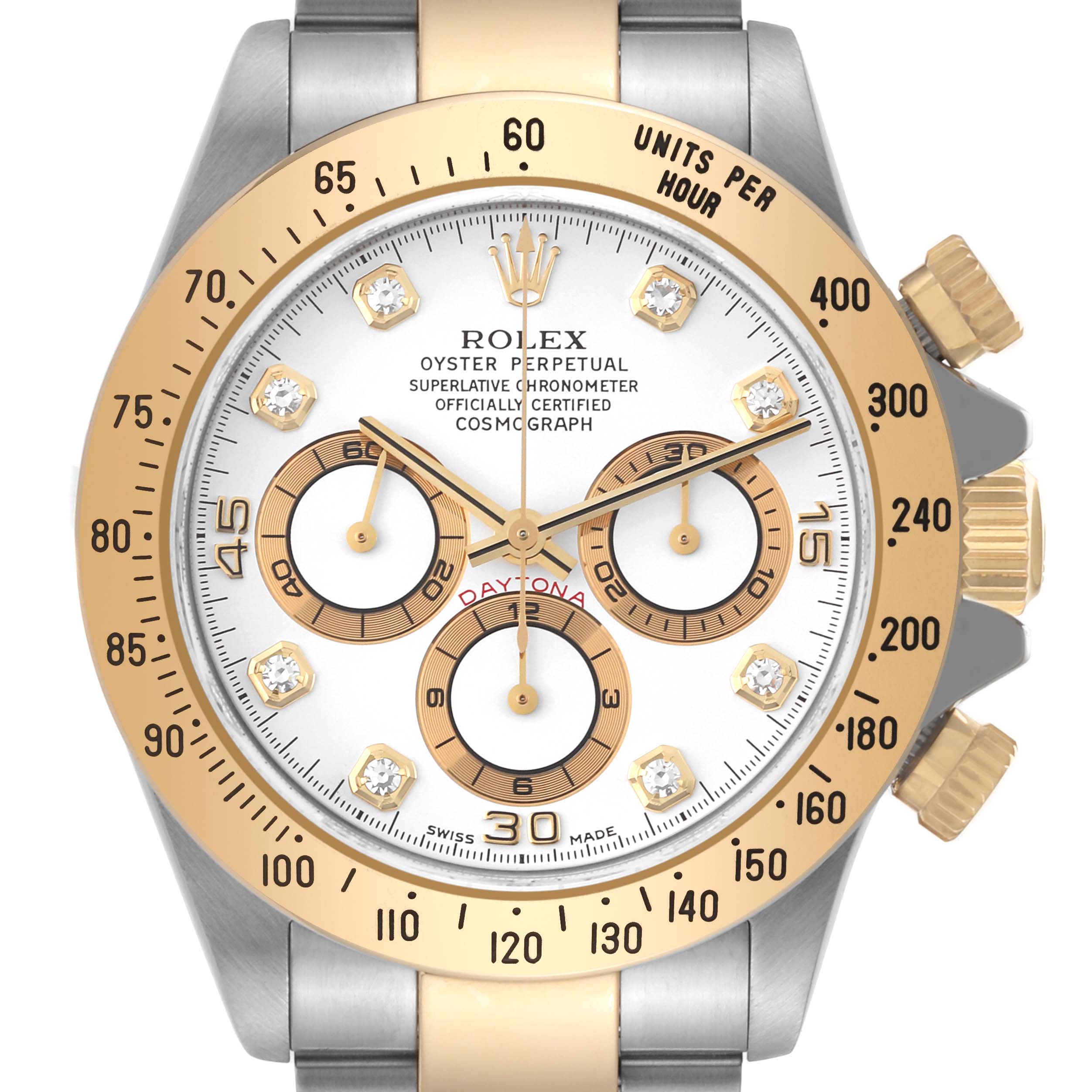 This image shows a front view of the Rolex Daytona 16523 Men
s Steel and Gold (two tone) White Dial 16523 Men
s Steel and Gold (two tone) White Dial watch, highlighting its face, bezel, and crown.