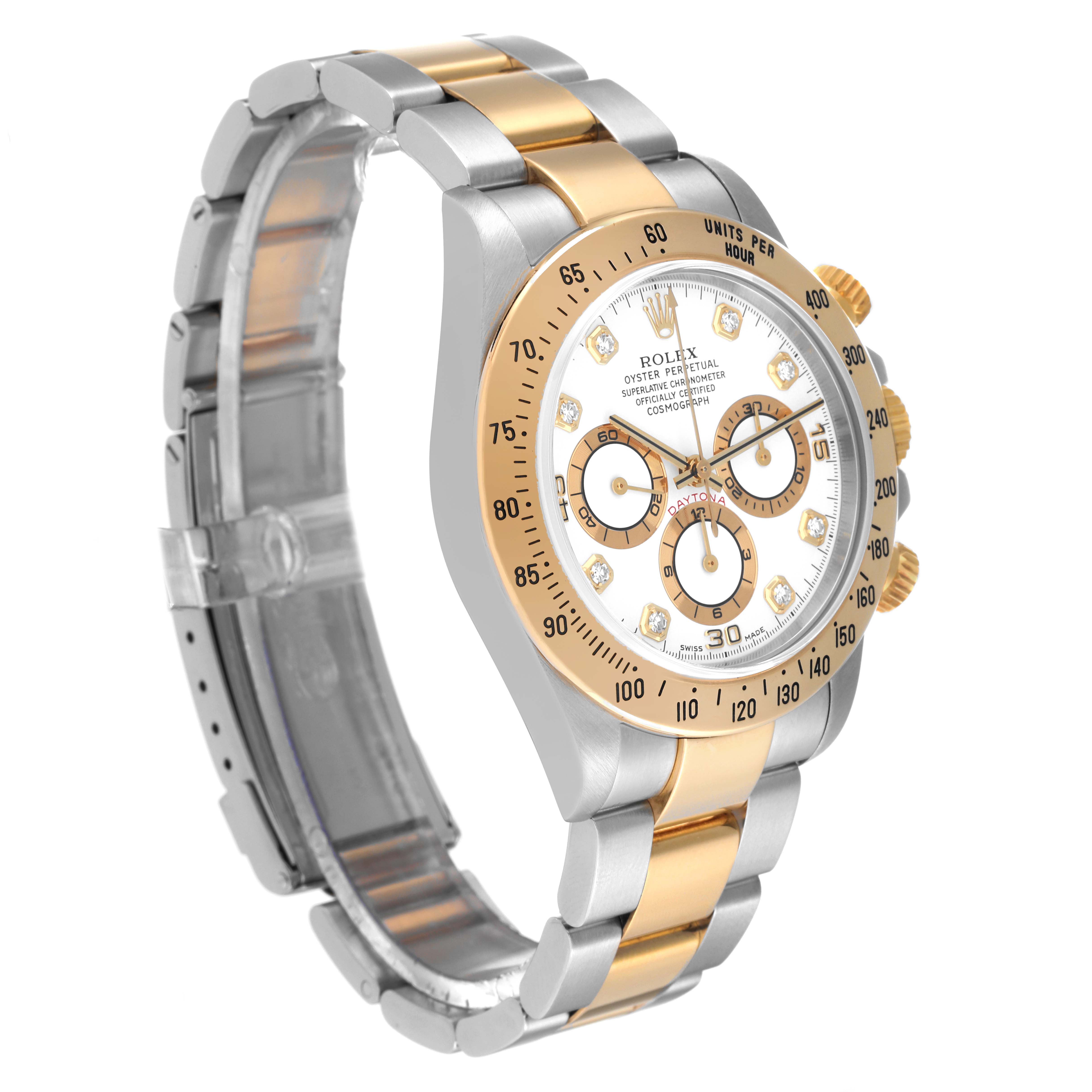The image shows a Rolex Daytona 16523 Men
s Steel and Gold (two tone) White Dial 16523 Men
s Steel and Gold (two tone) White Dial watch at a slight angle, highlighting its bracelet, crown, and subdials.