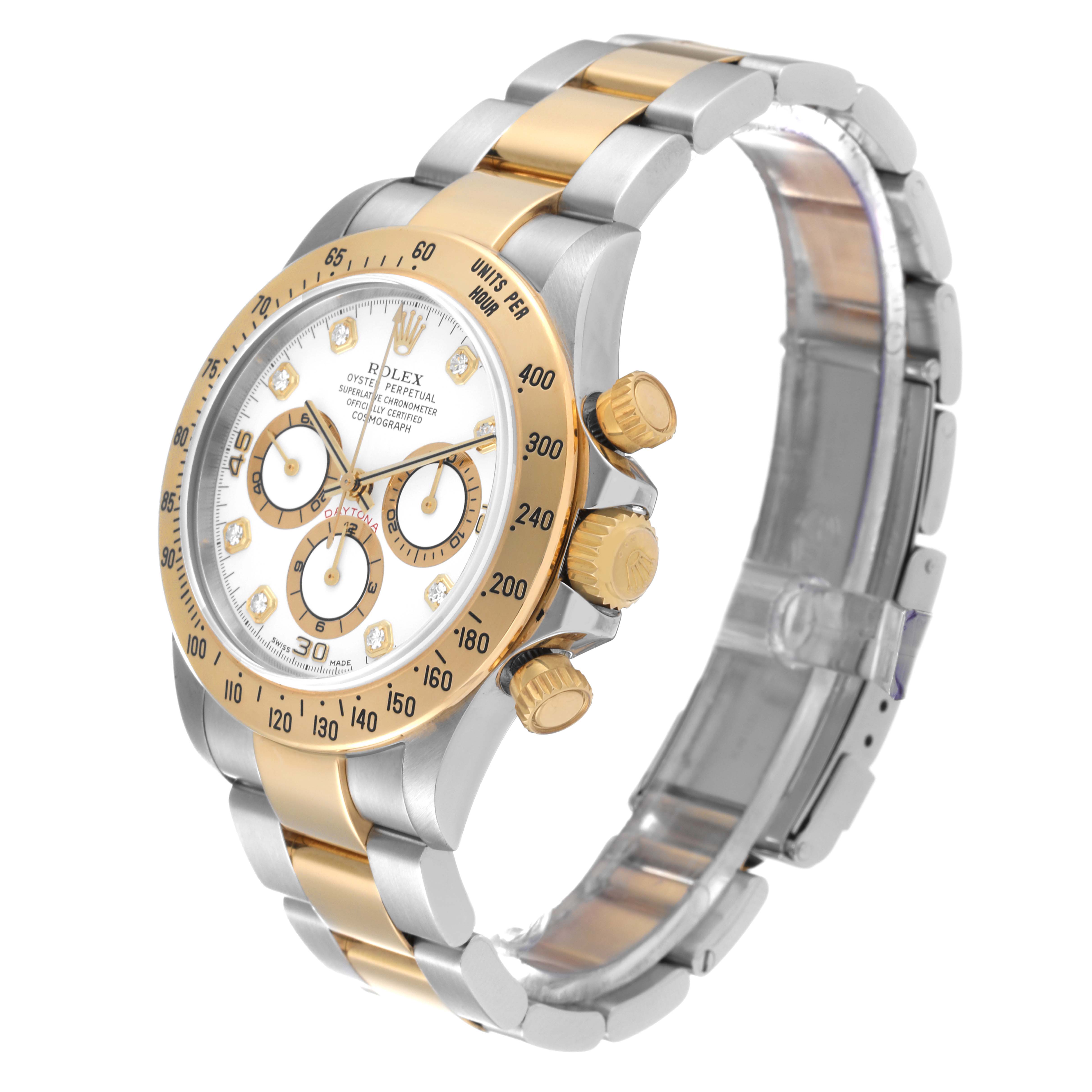 The Rolex Daytona 16523 Men
s Steel and Gold (two tone) White Dial 16523 Men
s Steel and Gold (two tone) White Dial watch is shown at a three-quarter angle, highlighting its two-tone bracelet, bezel, and chronograph pushers.