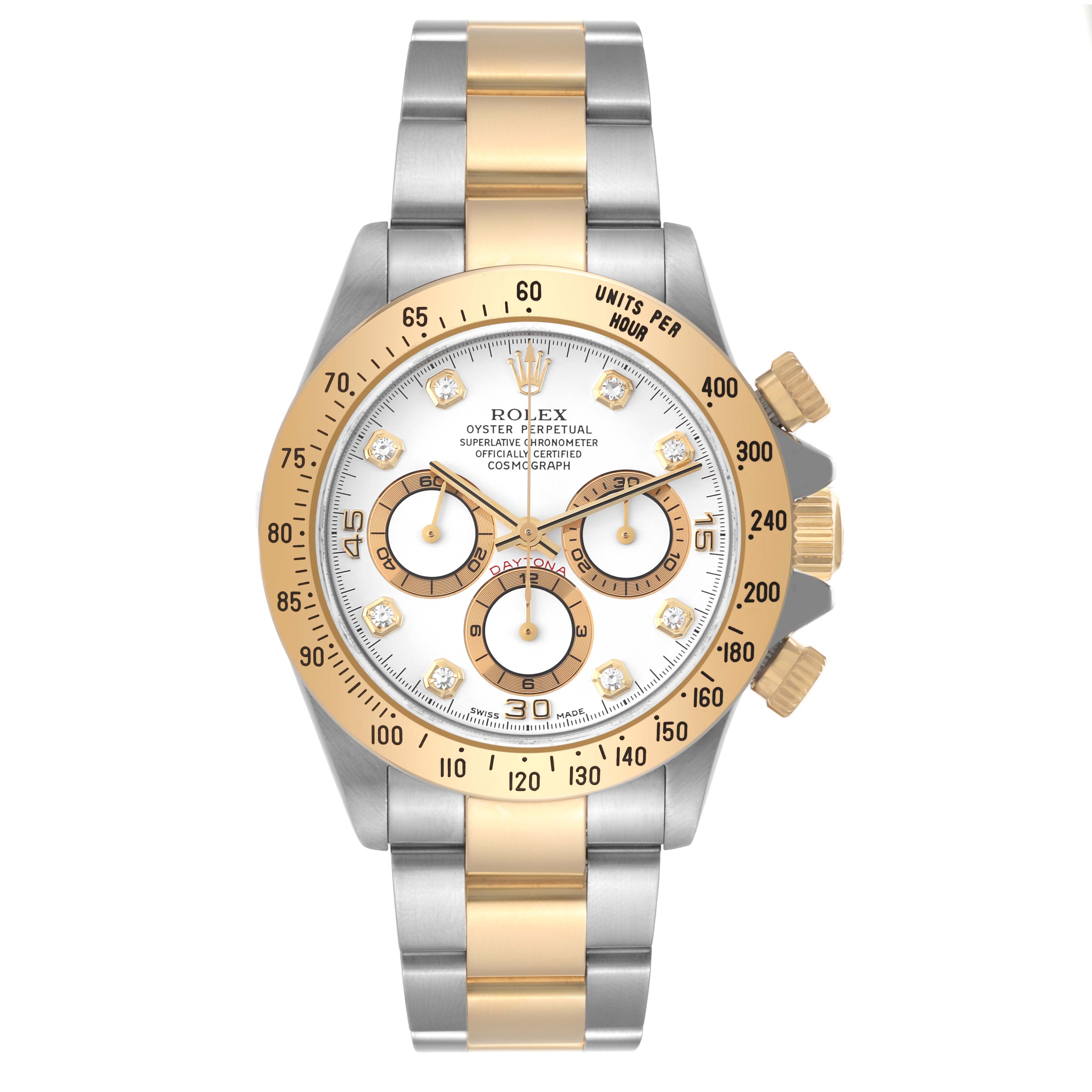 The image shows a Rolex Daytona 16523 Men
s Steel and Gold (two tone) White Dial 16523 Men
s Steel and Gold (two tone) White Dial watch from the front, highlighting its dial, bezel, crowns, and two-tone bracelet.