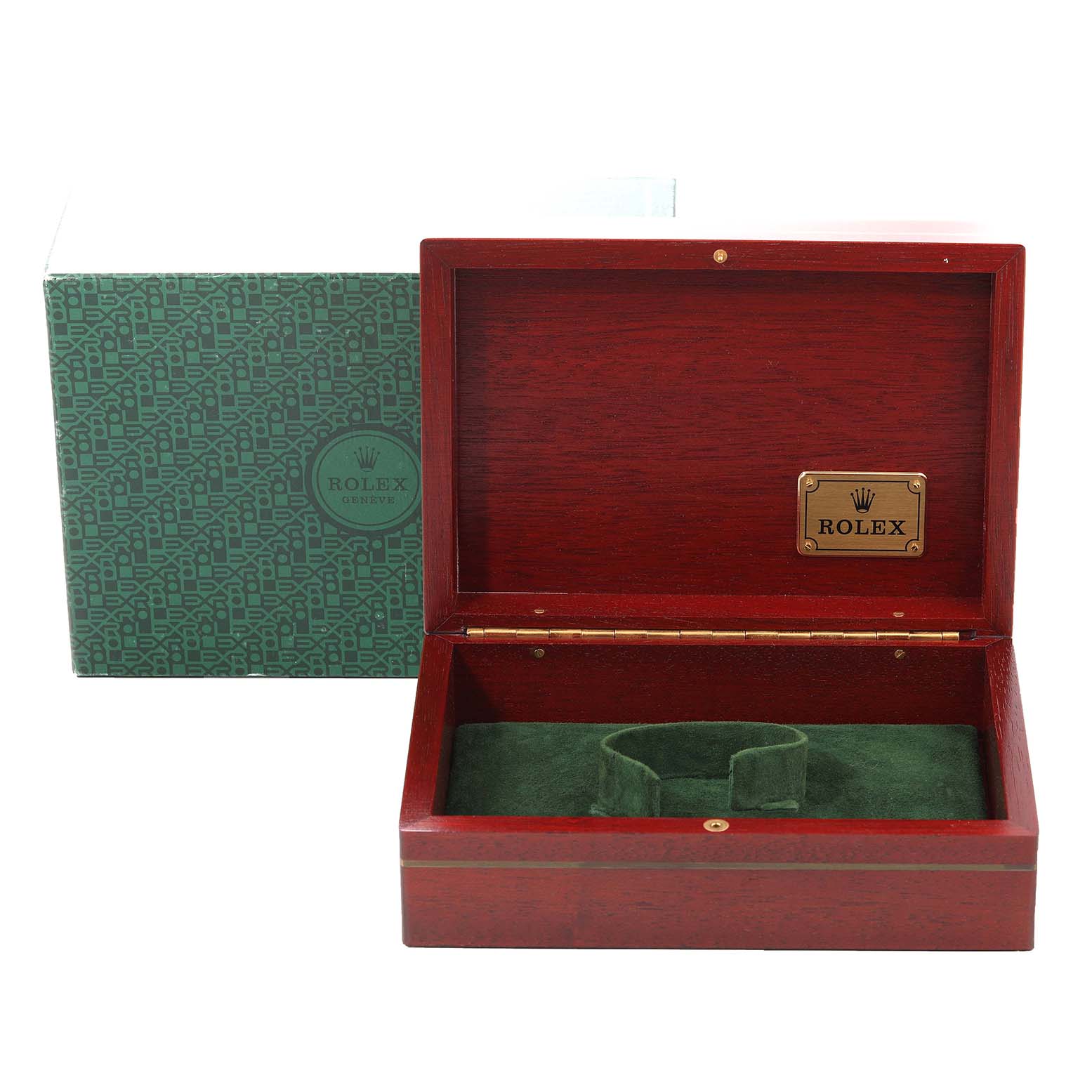 The image shows a green Rolex packaging box and an open wooden case for a Rolex Daytona 16523 Men
s Steel and Gold (two tone) White Dial 16523 Men
s Steel and Gold (two tone) White Dial watch.